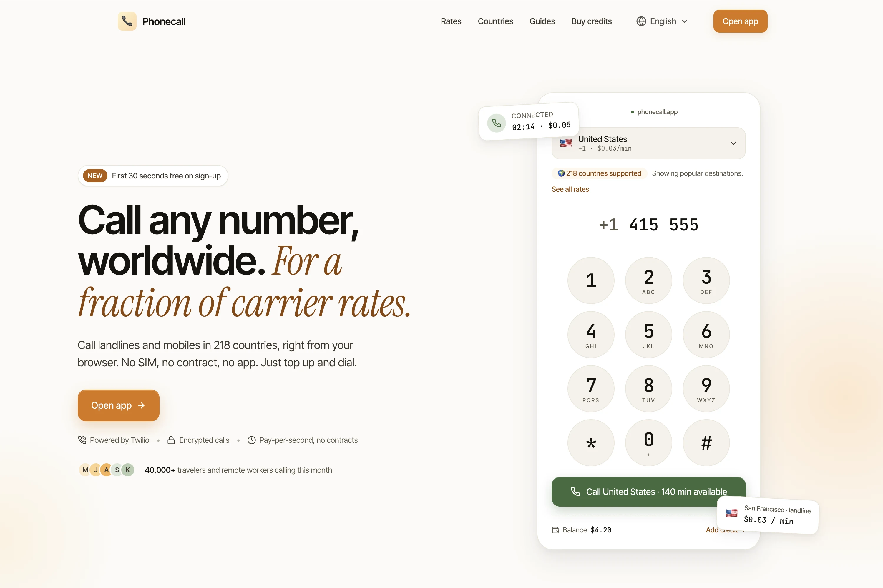 Phonecall browser interface for international calling