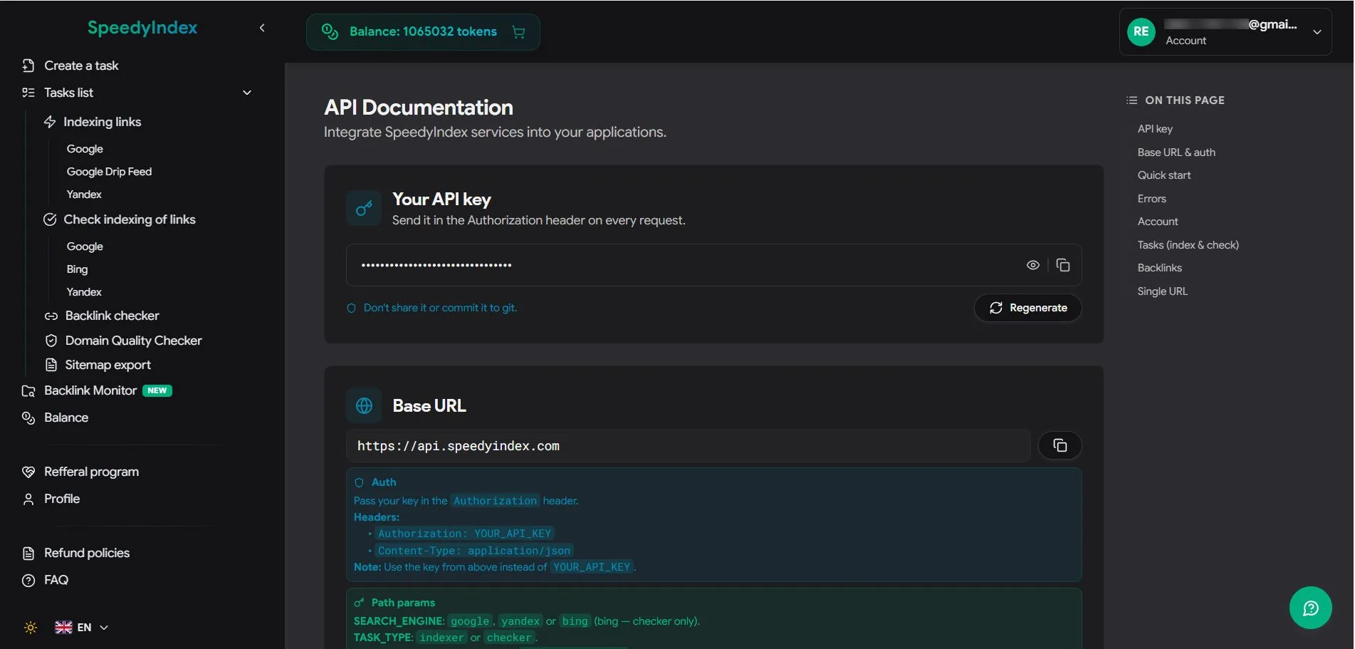 SpeedyIndex link indexing dashboard