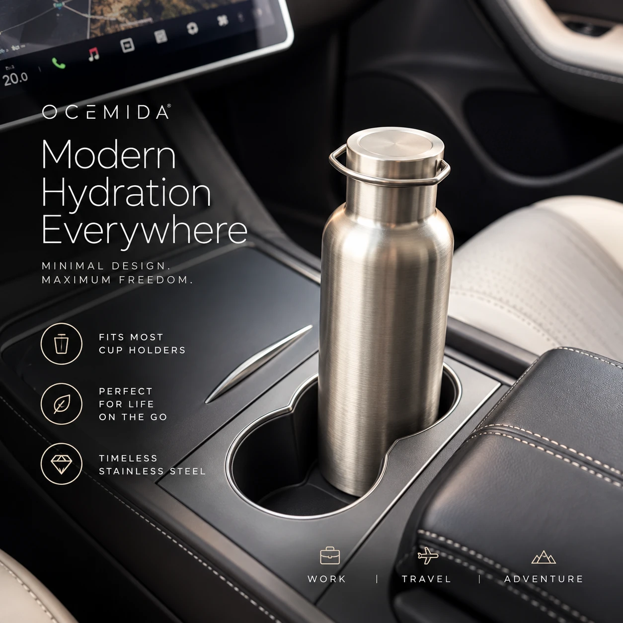 Ocemida H2Stash plastic-free insulated stainless steel water bottle