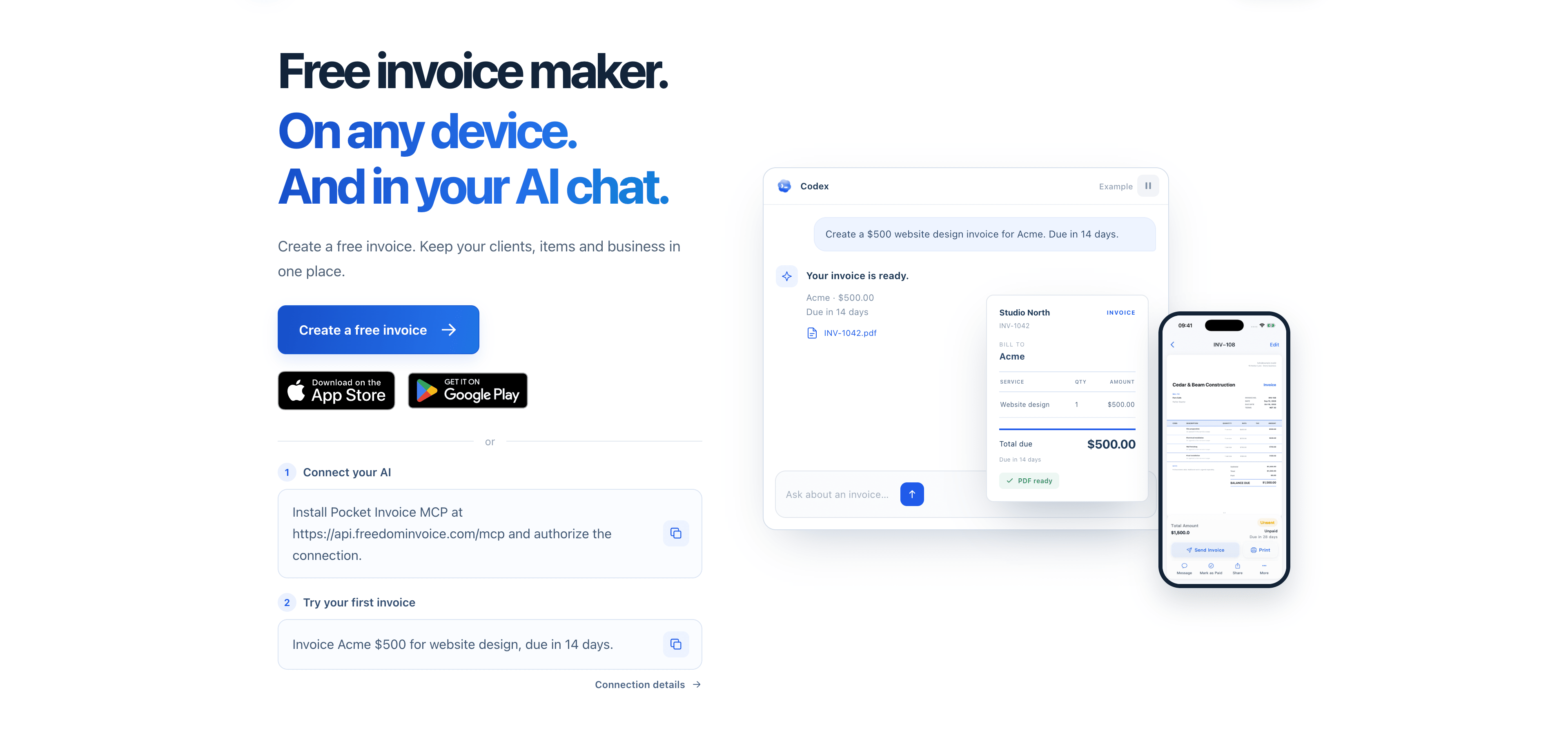 Pocket Invoice homepage with a Codex chat creating a $500 invoice as a PDF