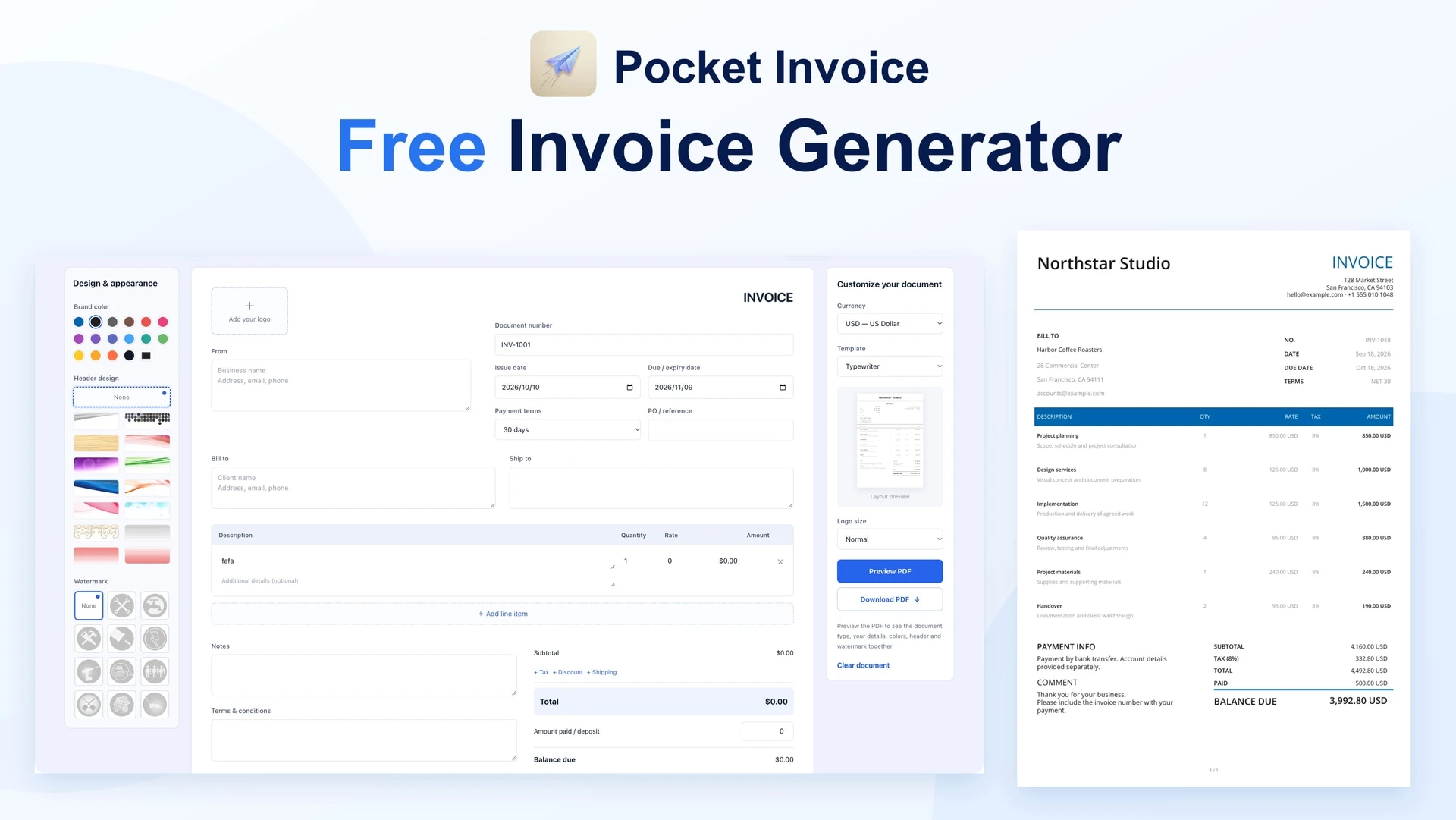 Pocket Invoice's free web invoice generator with template, logo and line-item fields