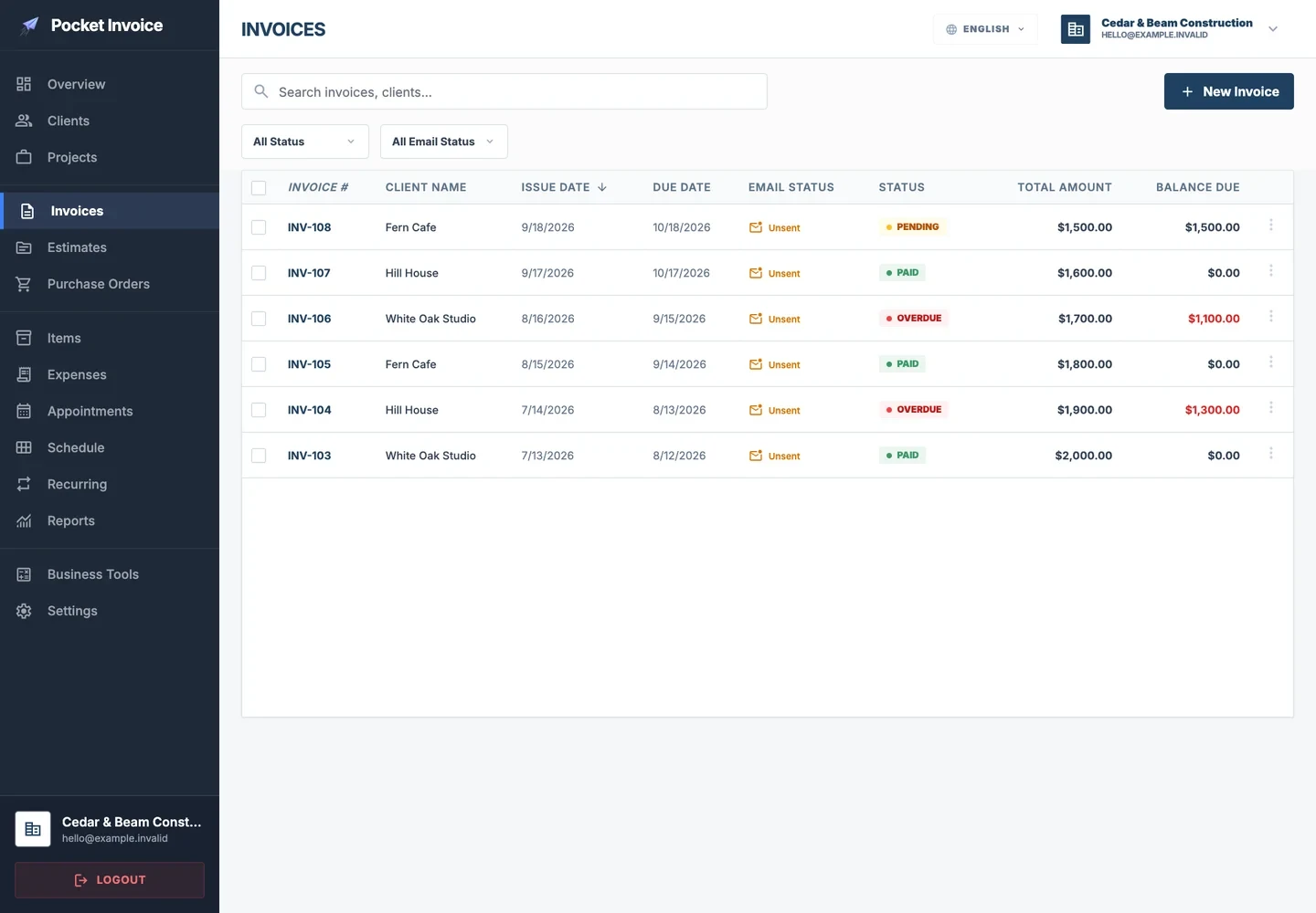 Pocket Invoice invoice list showing status, email status and balance due