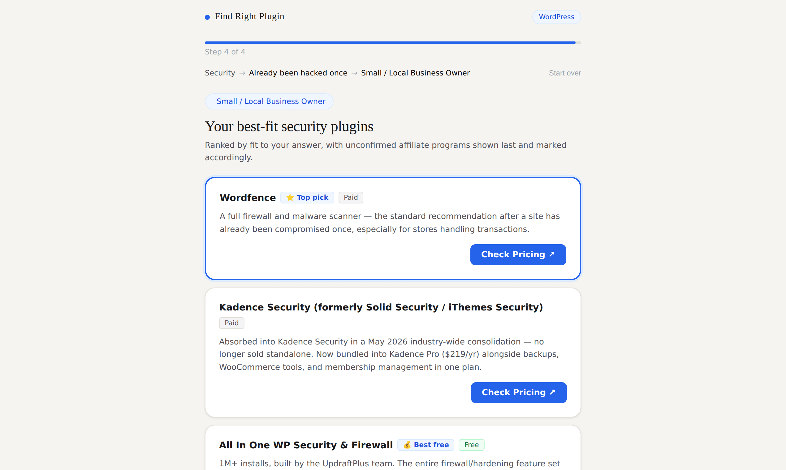 Find Right Plugin quiz results ranking security plugins for a small business owner whose site was hacked