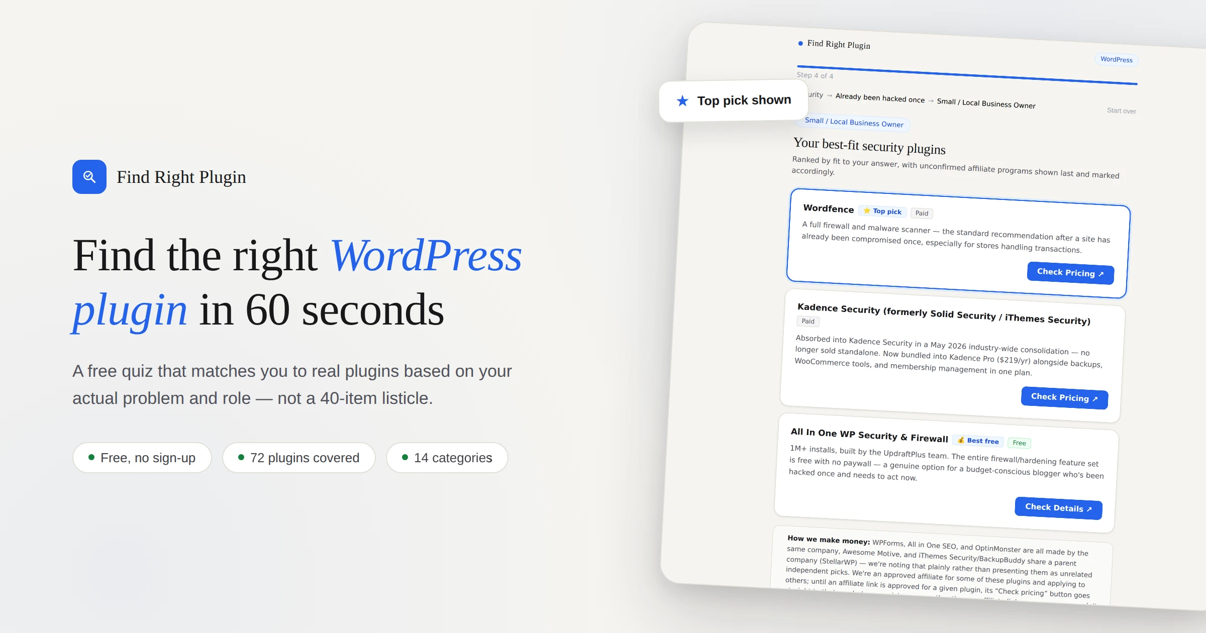 Find Right Plugin WordPress plugin finder showing ranked security plugin picks