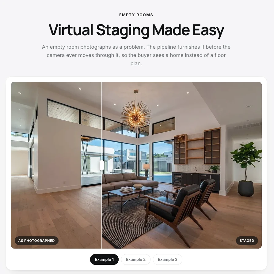 Virtual staging before and after: an empty living room furnished by ShowcaseVideos.ai
