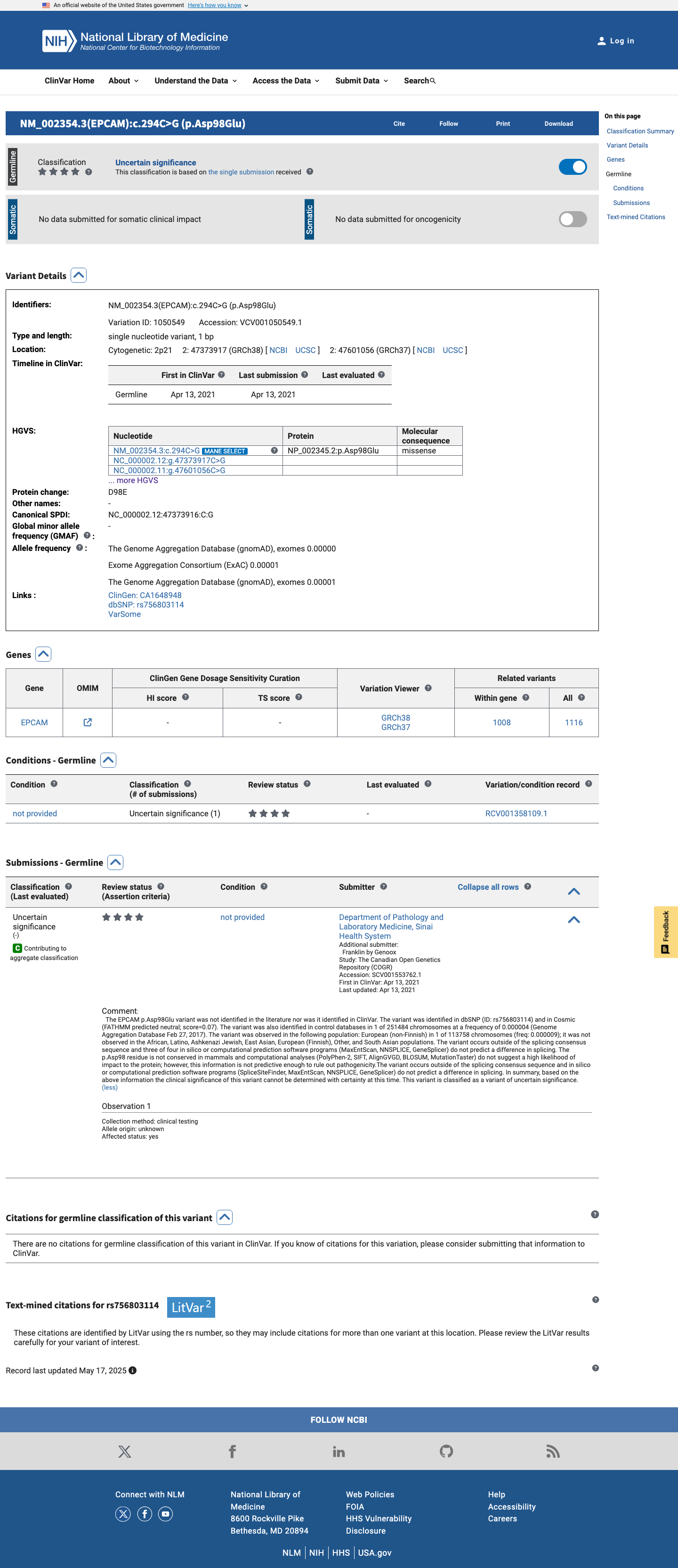 ClinVar screenshot