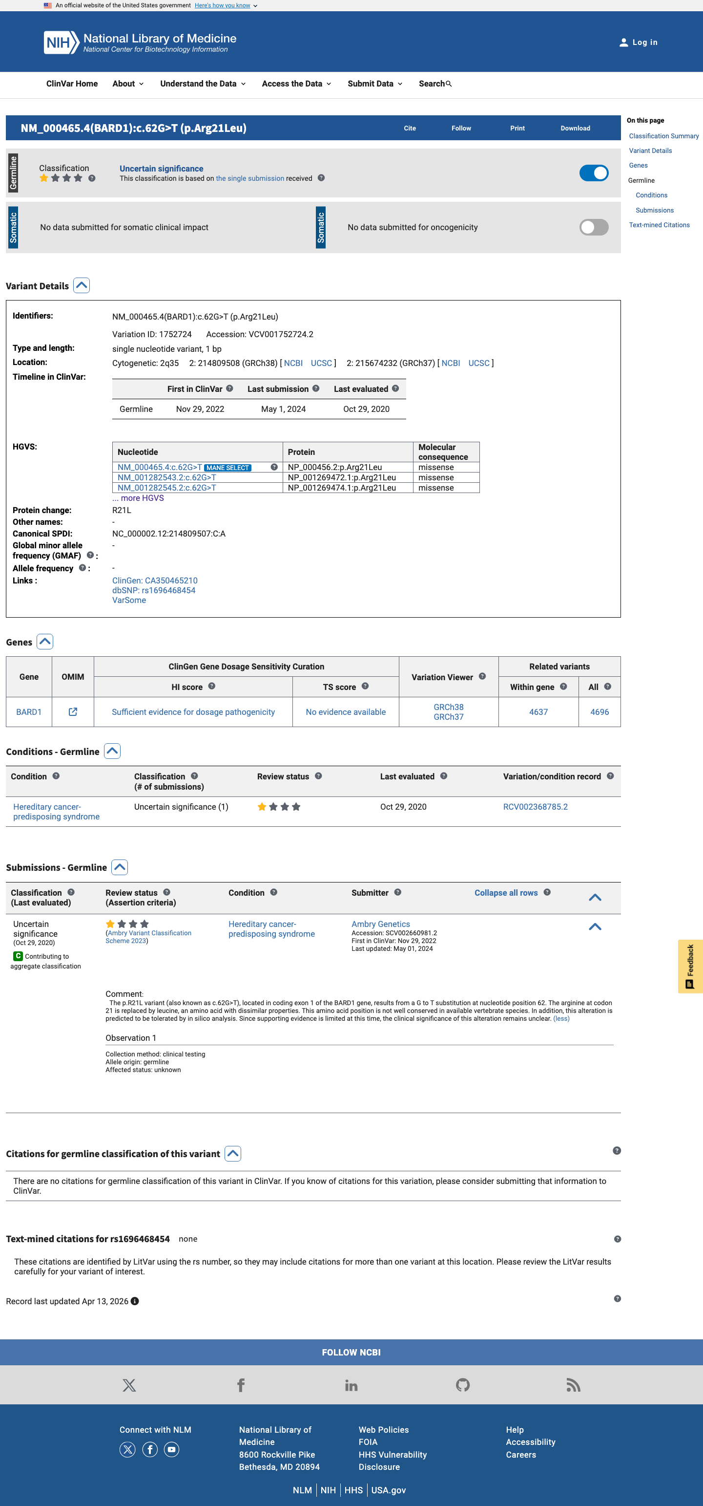 ClinVar screenshot