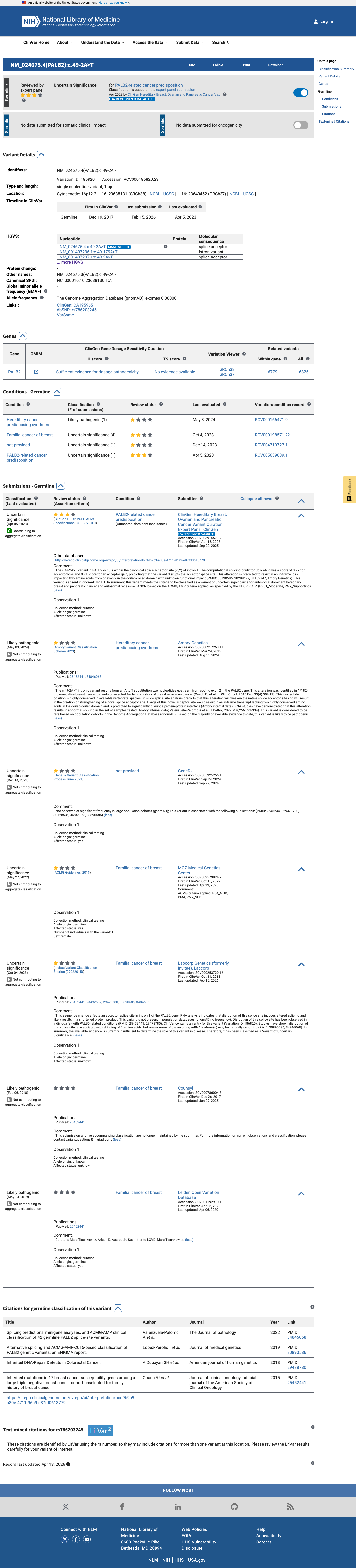 ClinVar evidence