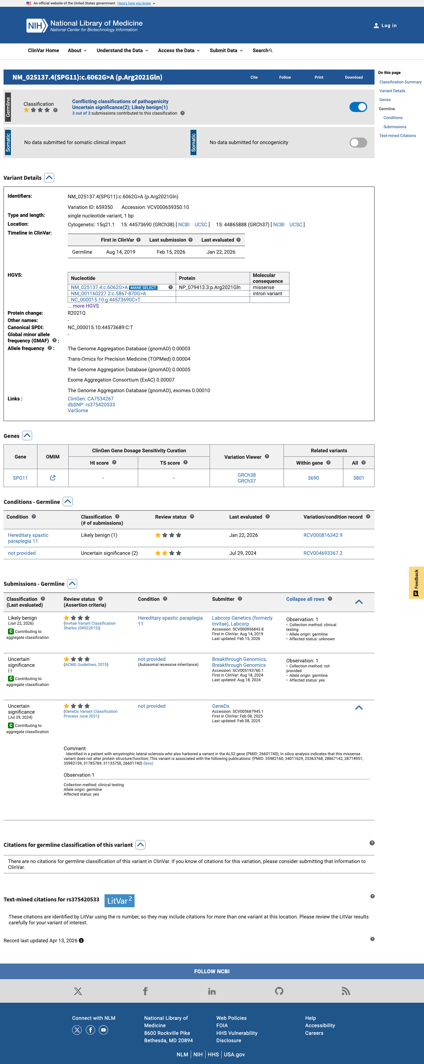 ClinVar screenshot