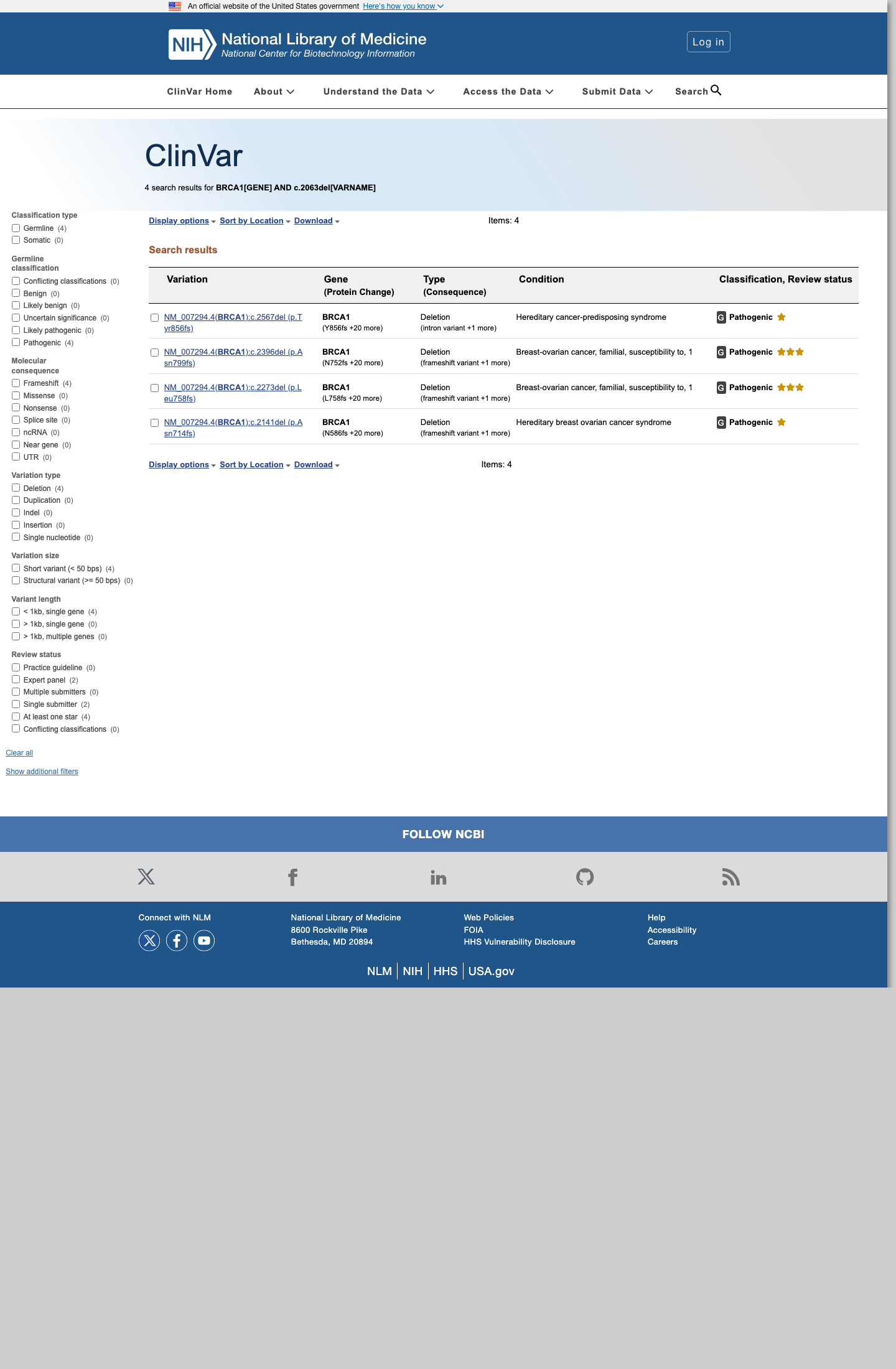 ClinVar screenshot