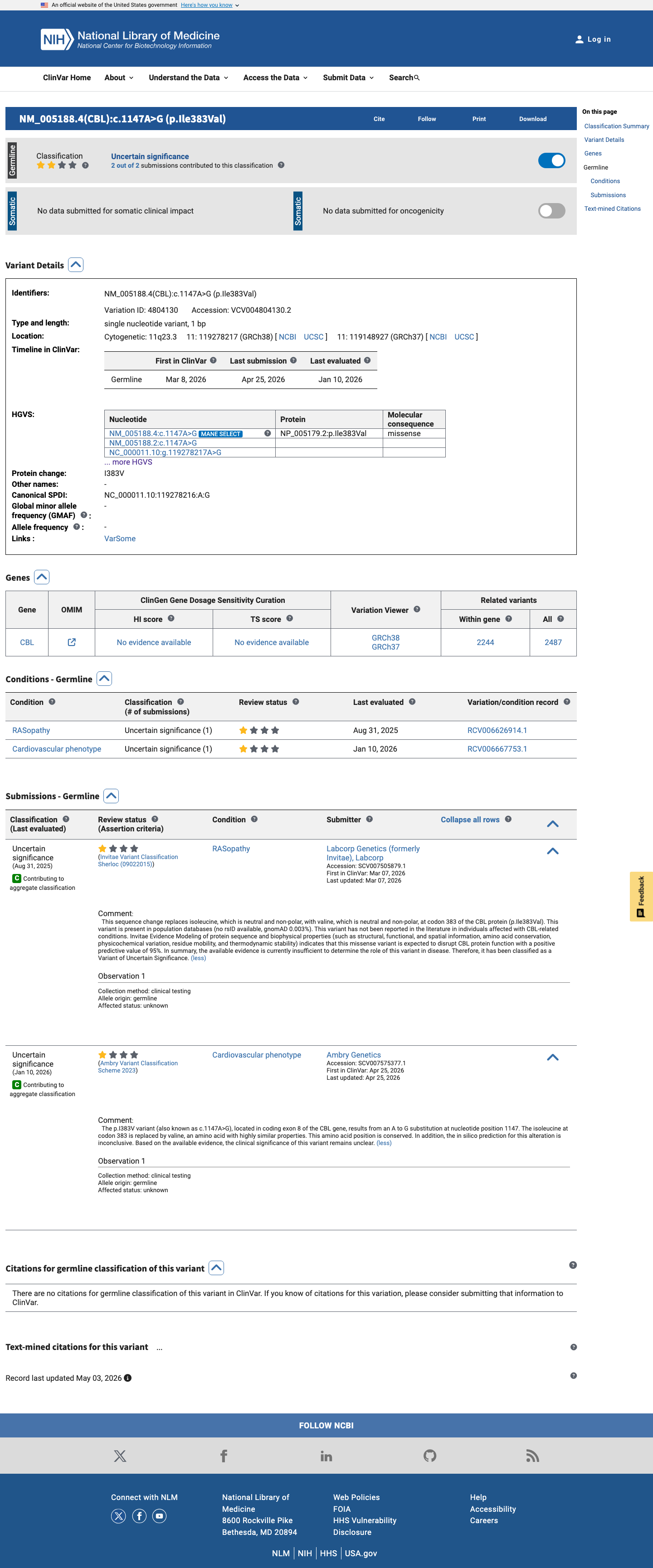 ClinVar evidence