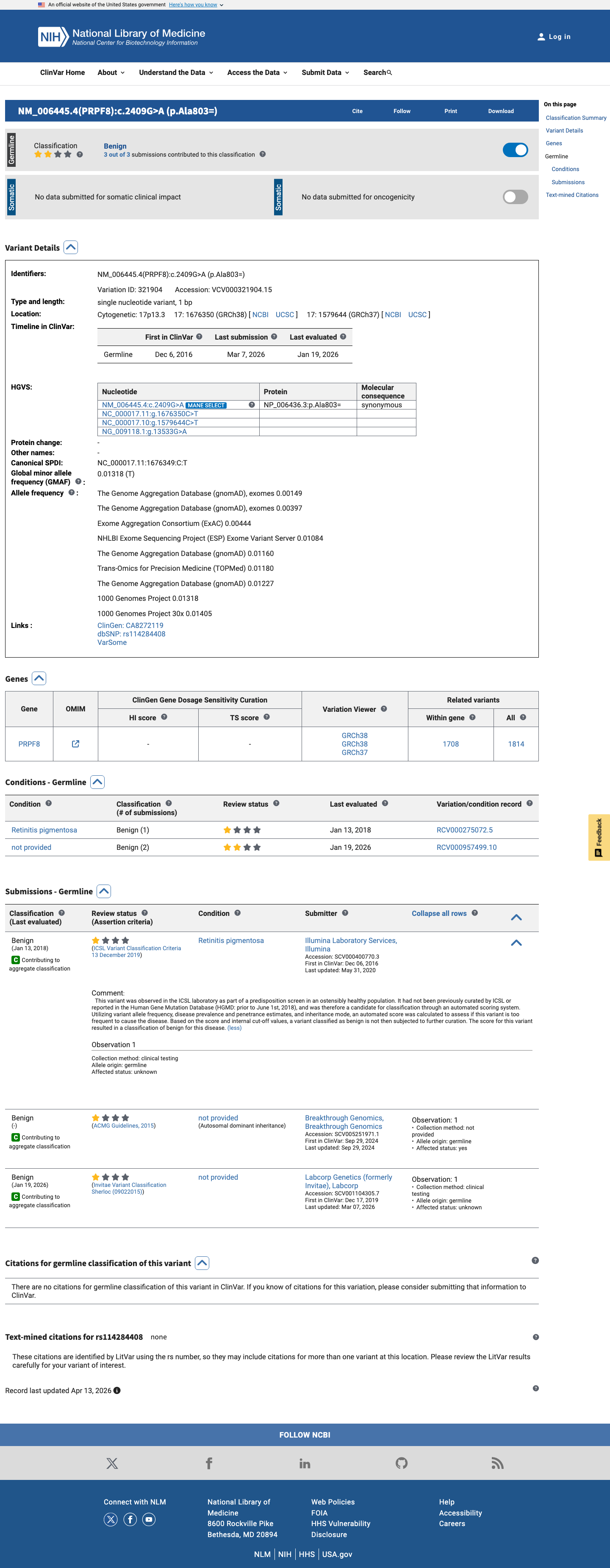 ClinVar evidence