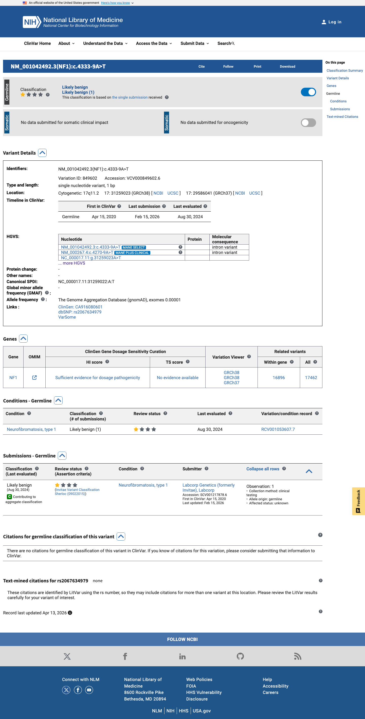 ClinVar screenshot