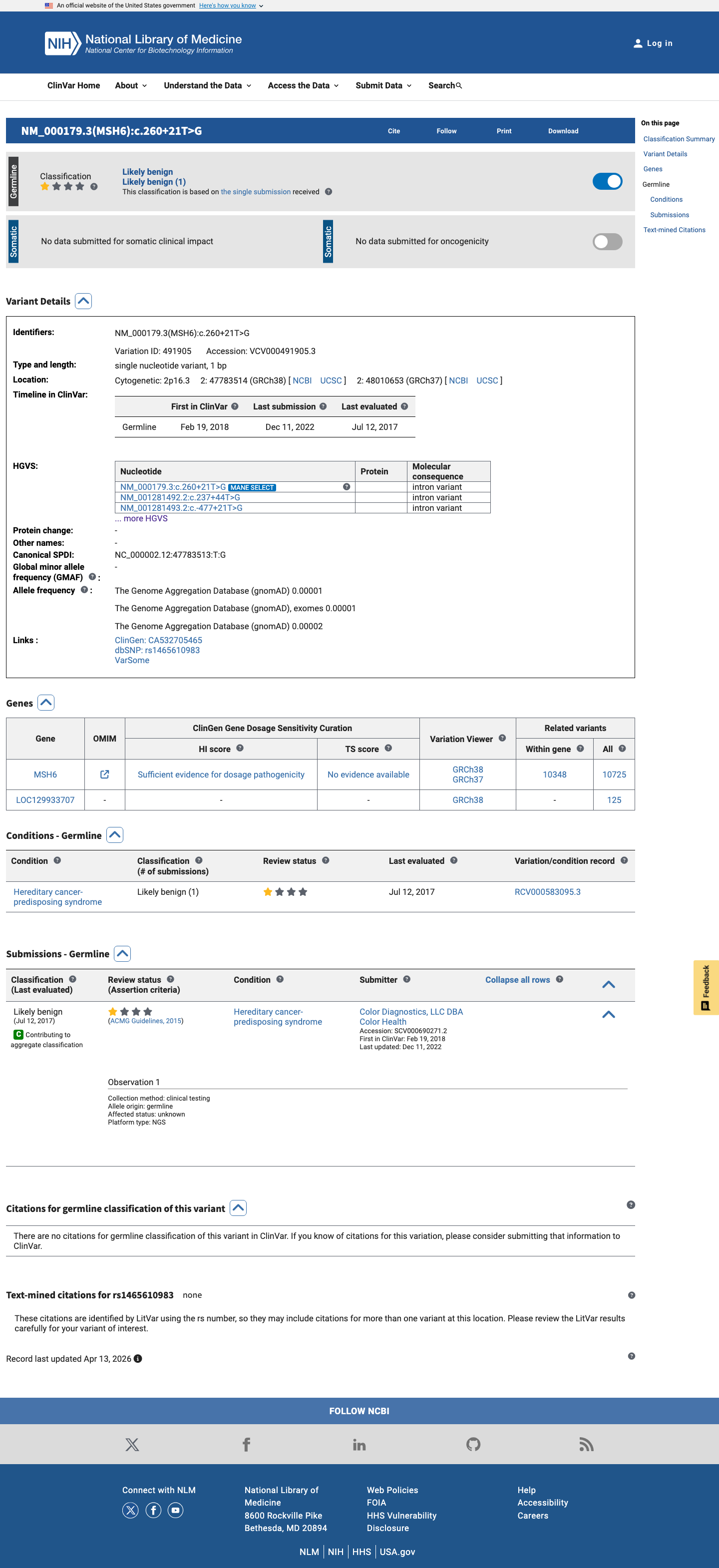 ClinVar screenshot