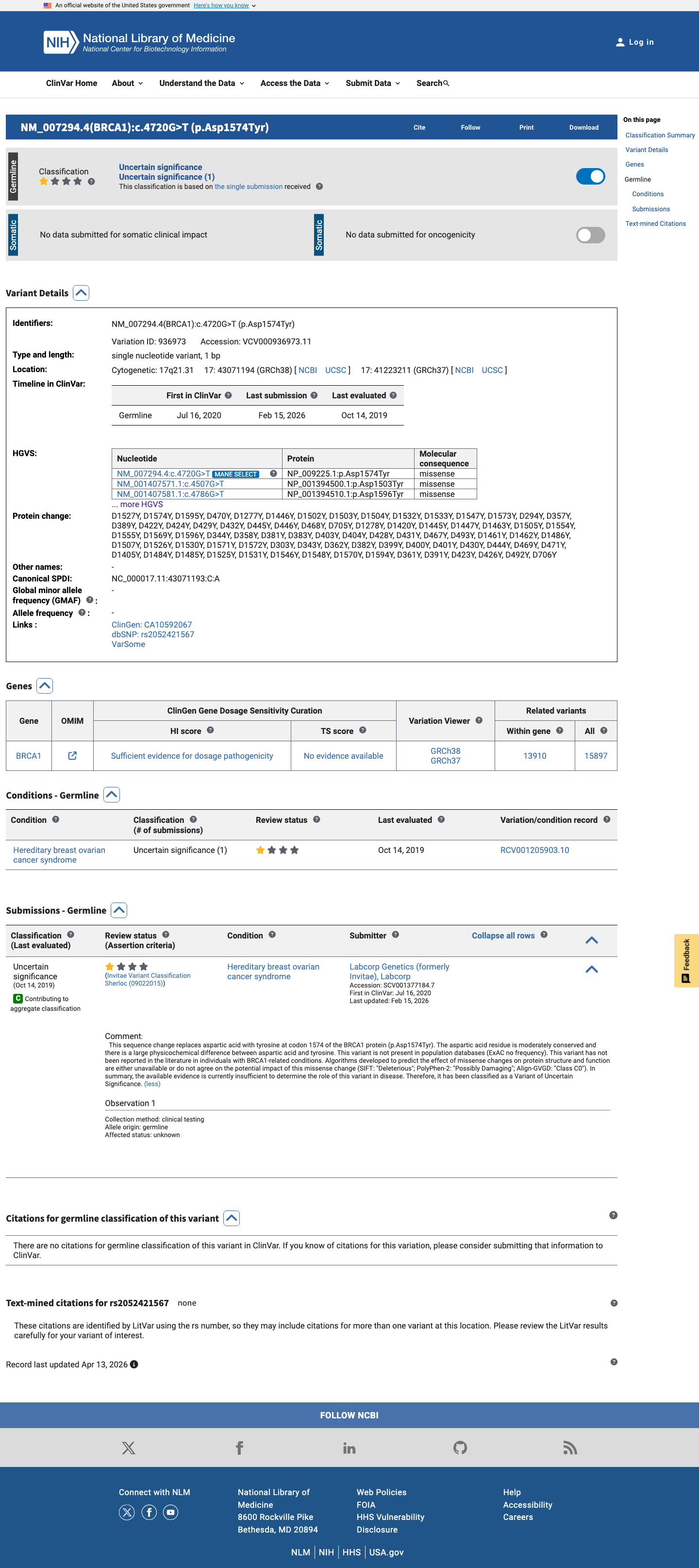 ClinVar screenshot