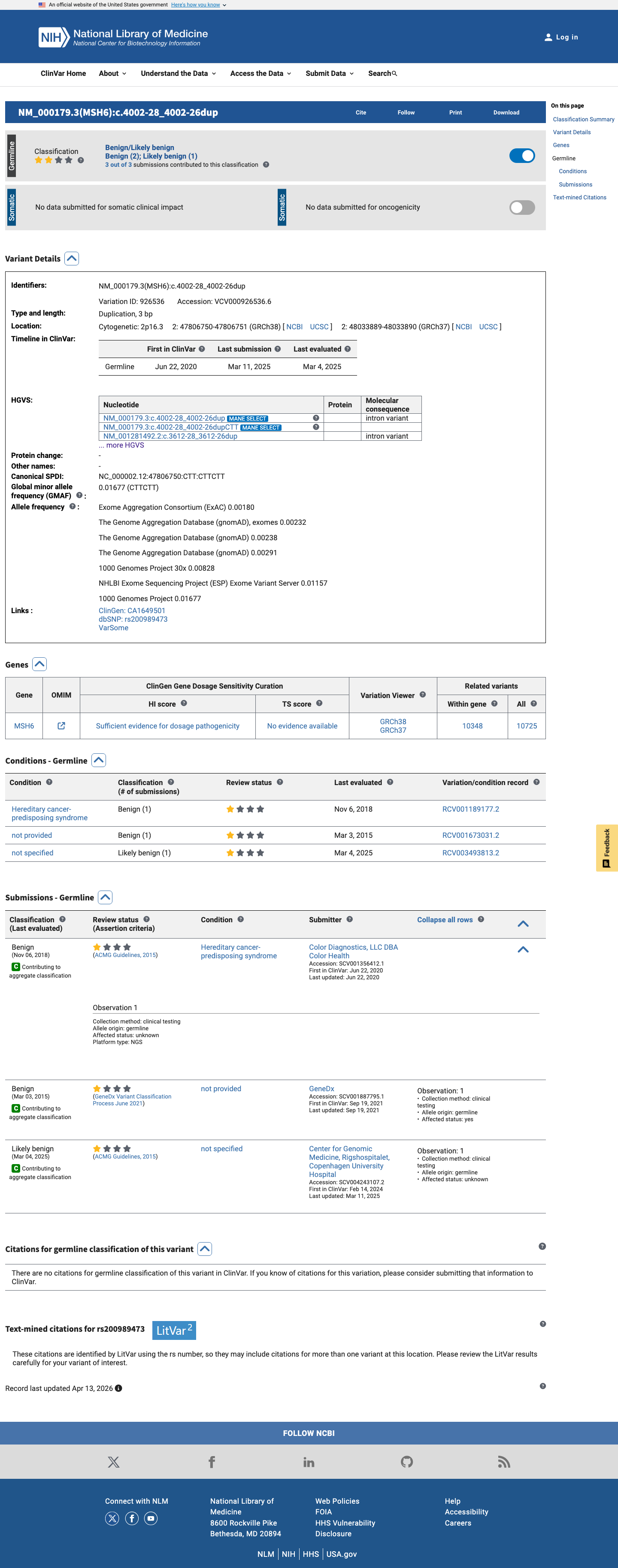 ClinVar screenshot