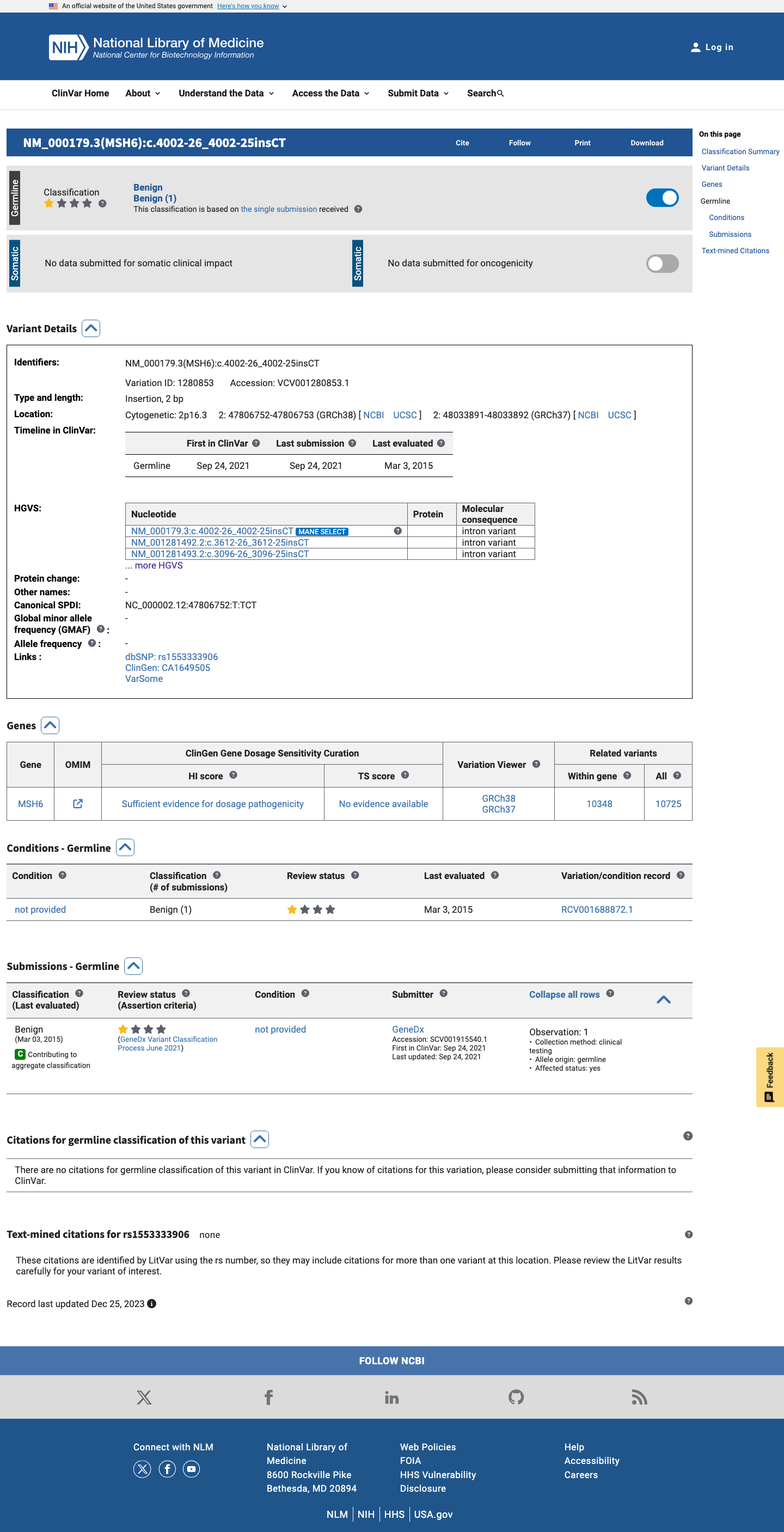 ClinVar screenshot