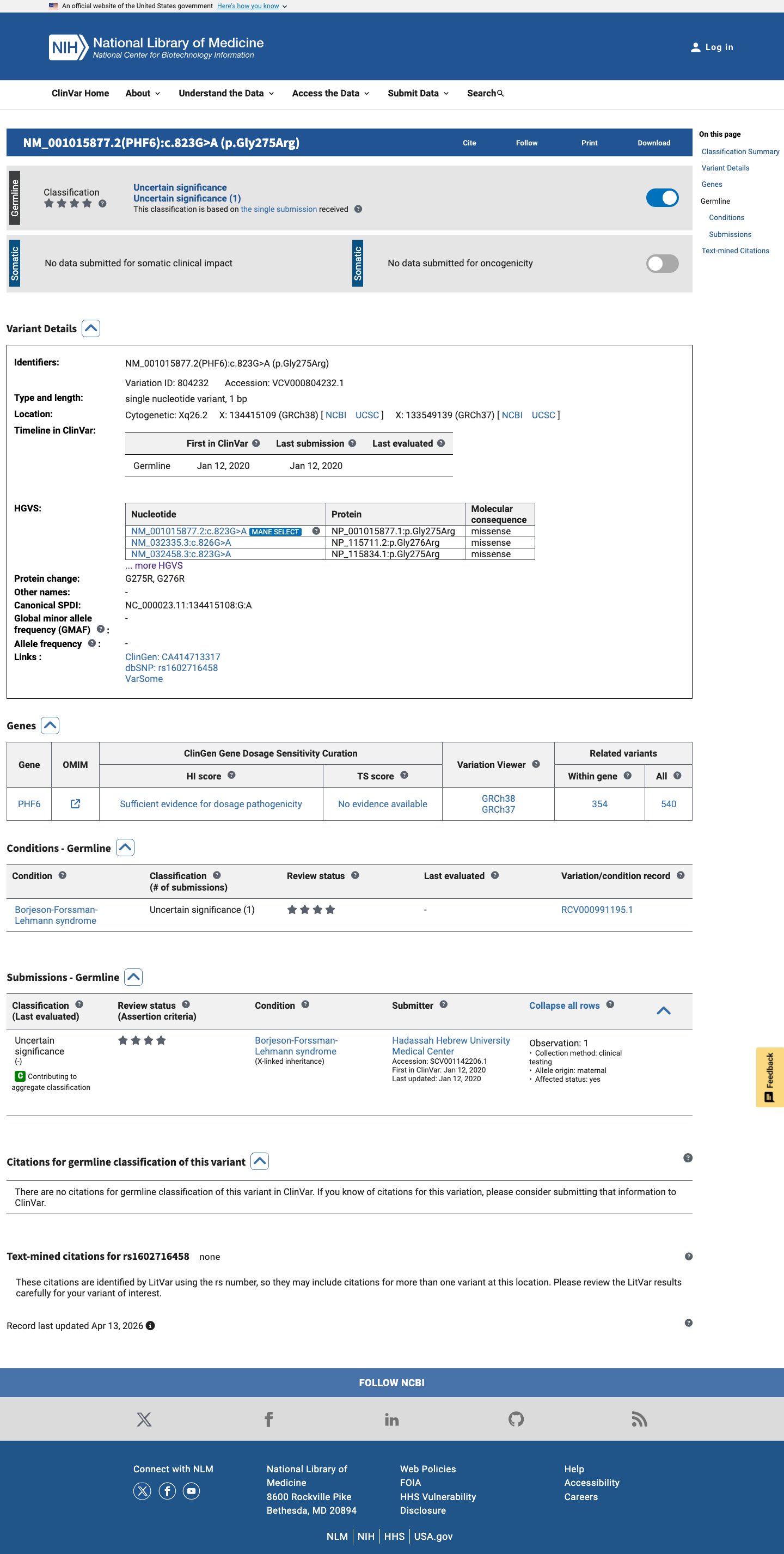 ClinVar screenshot