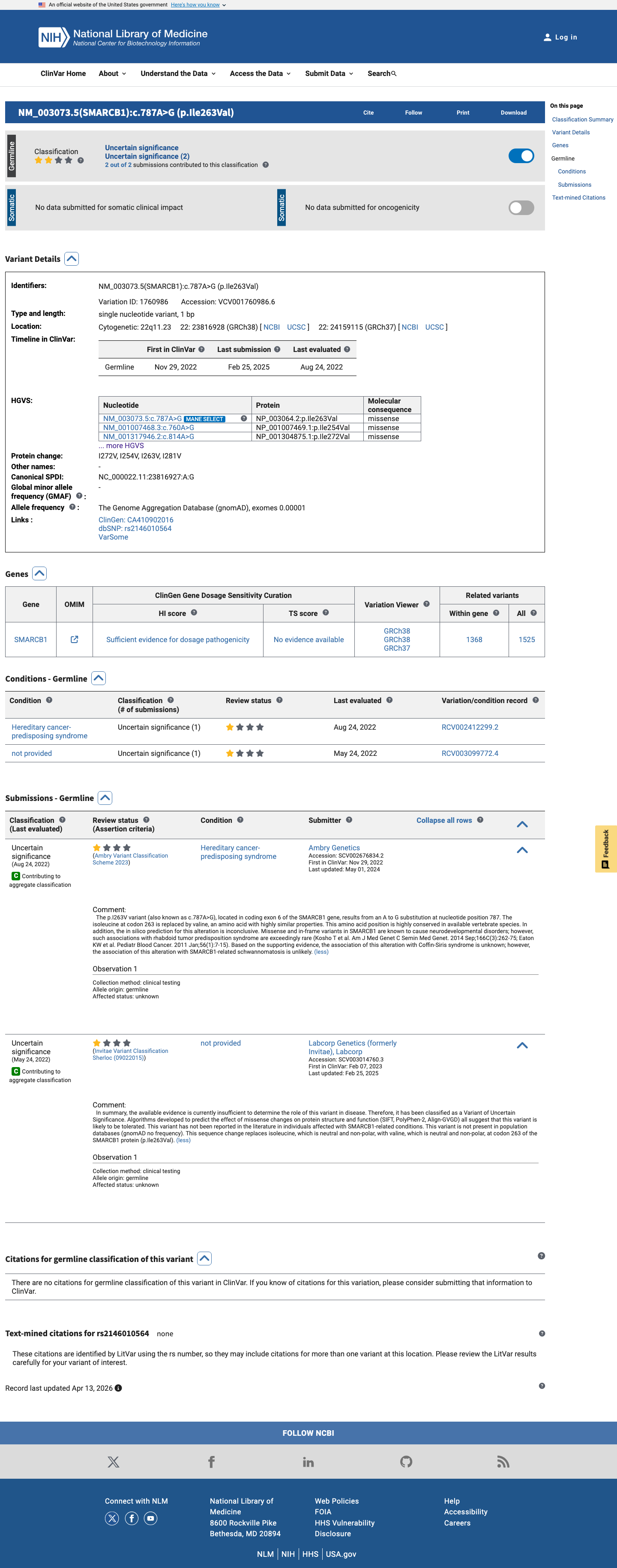 ClinVar screenshot