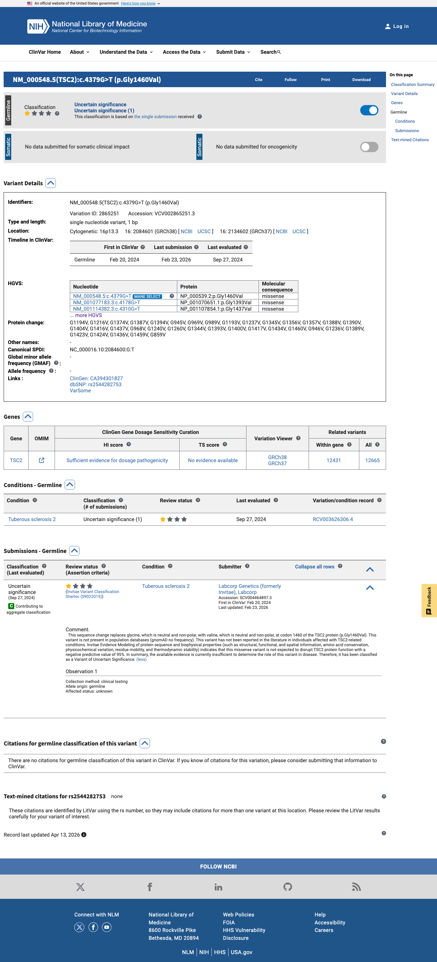 ClinVar screenshot