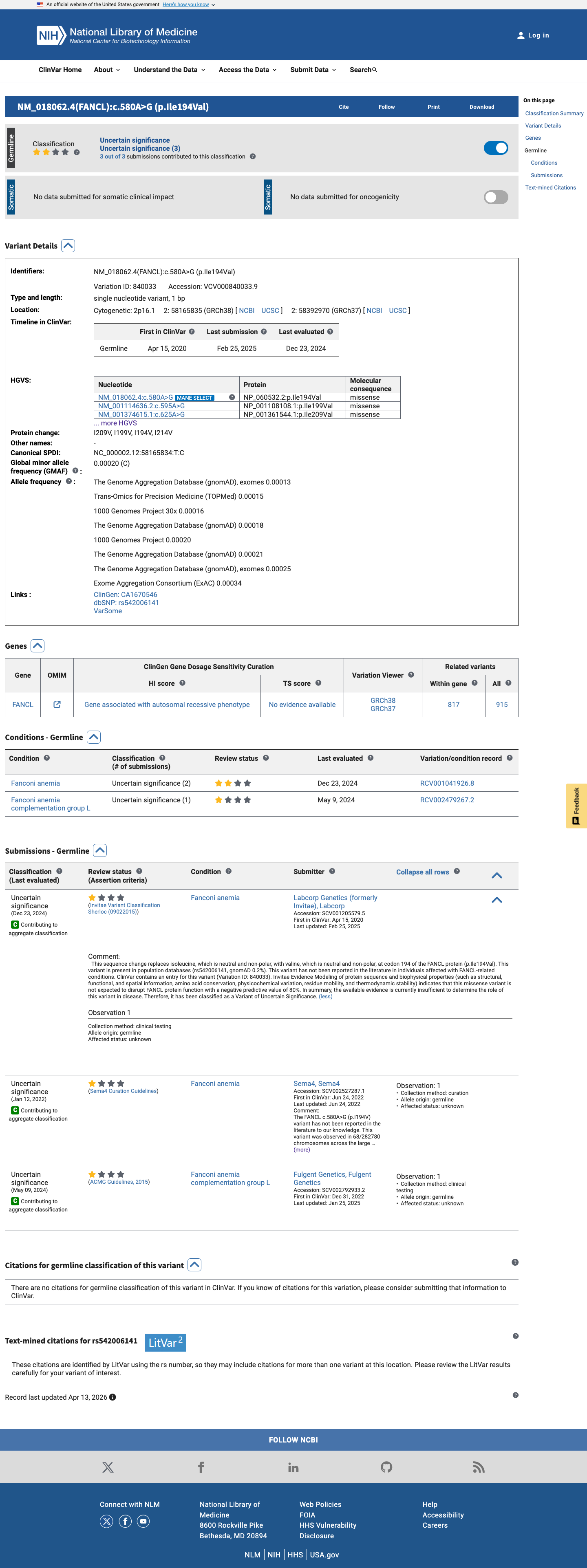 ClinVar screenshot
