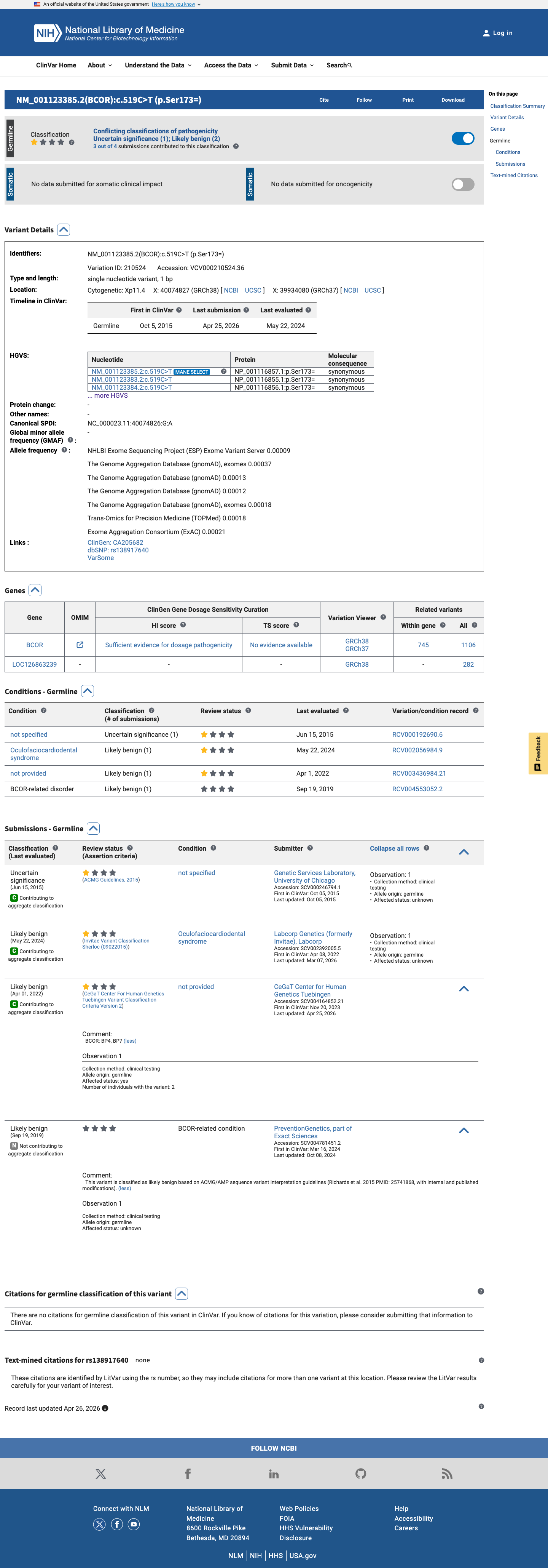 ClinVar screenshot