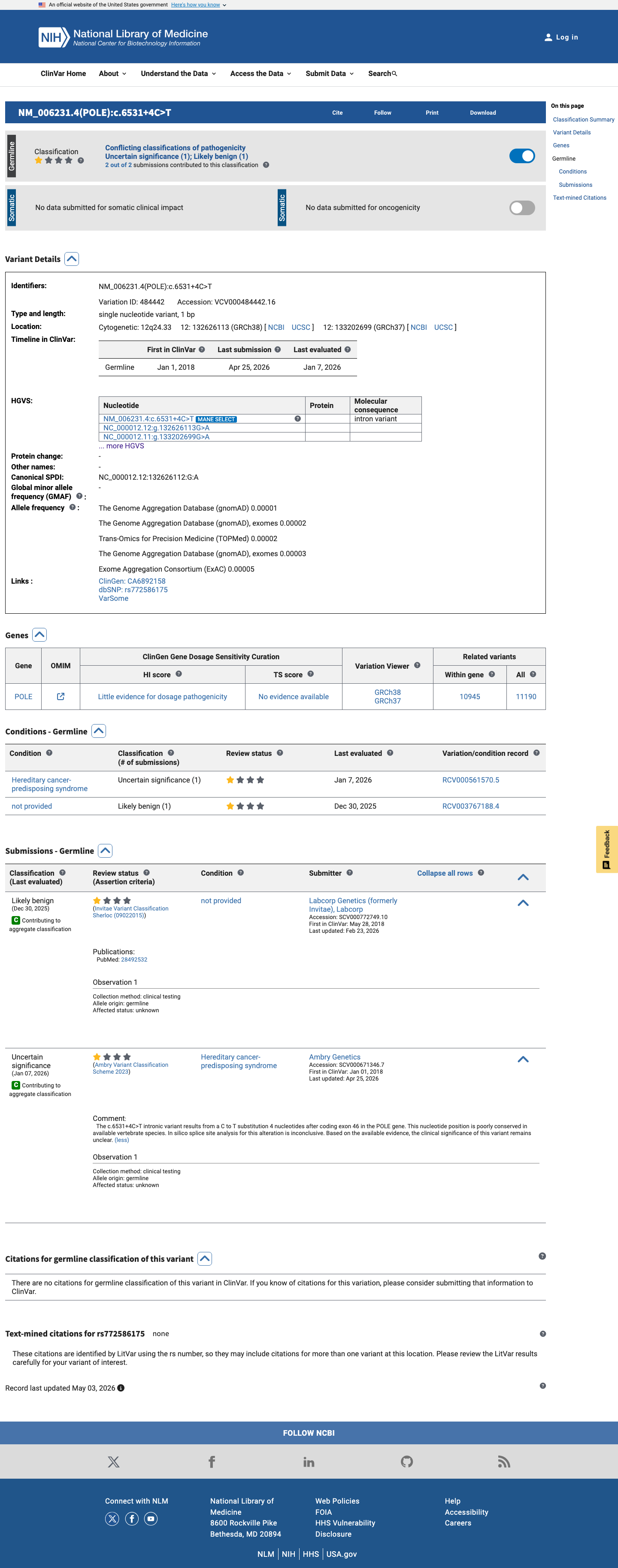 ClinVar screenshot