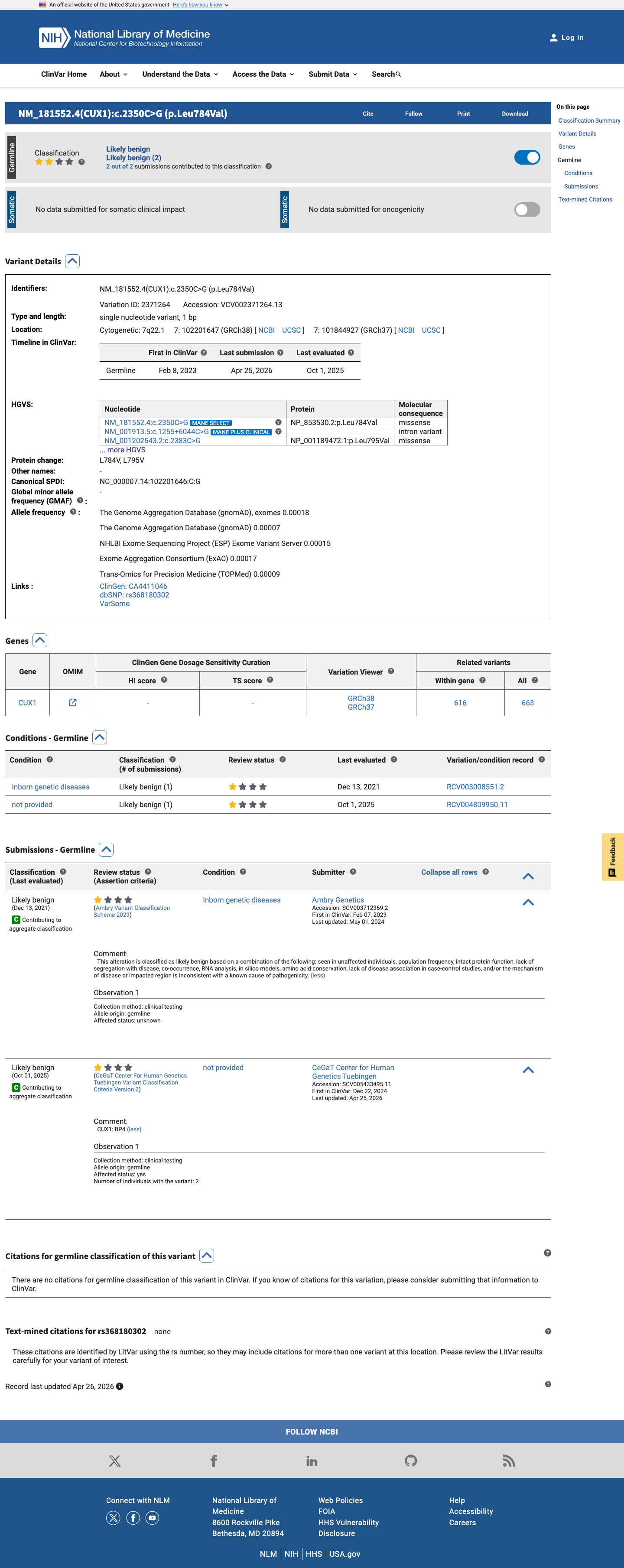 ClinVar screenshot