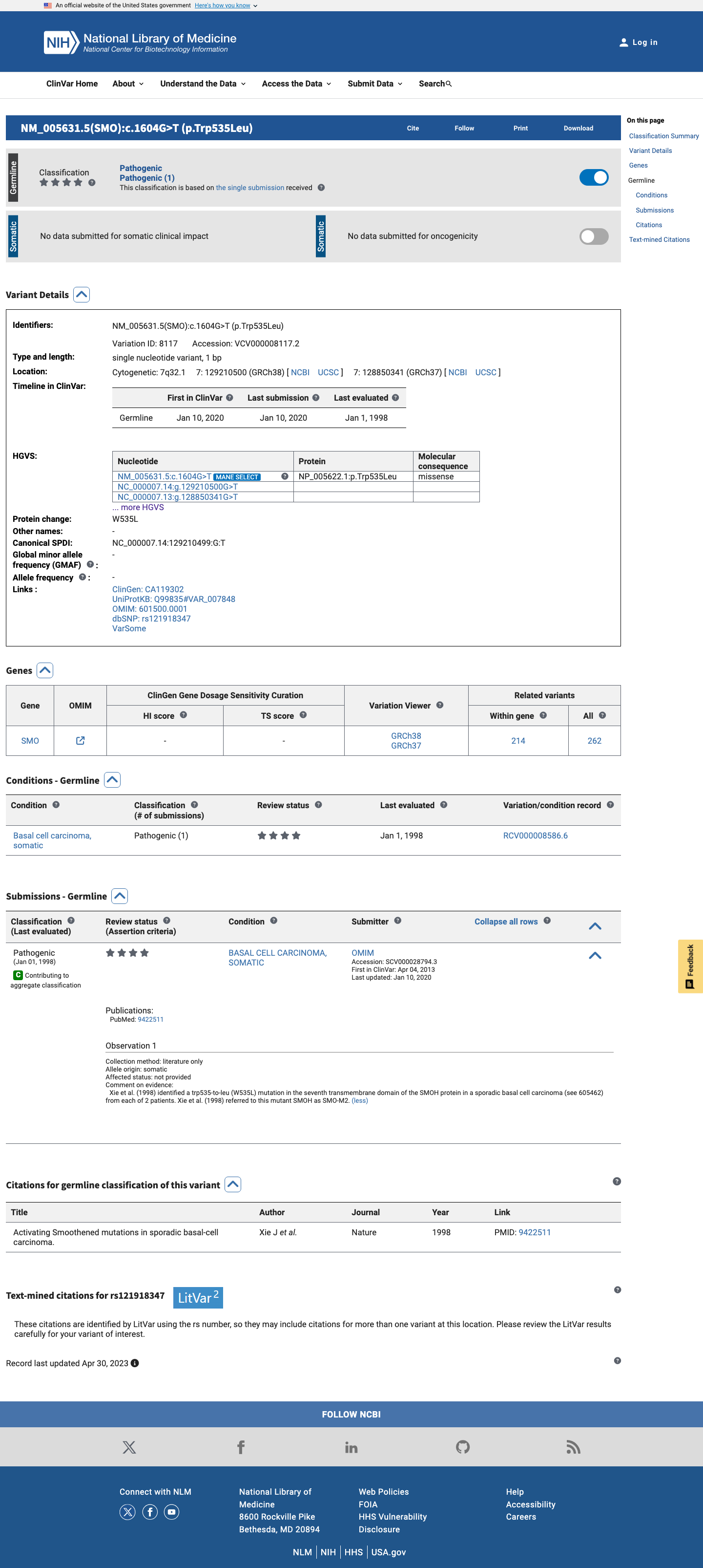 ClinVar screenshot