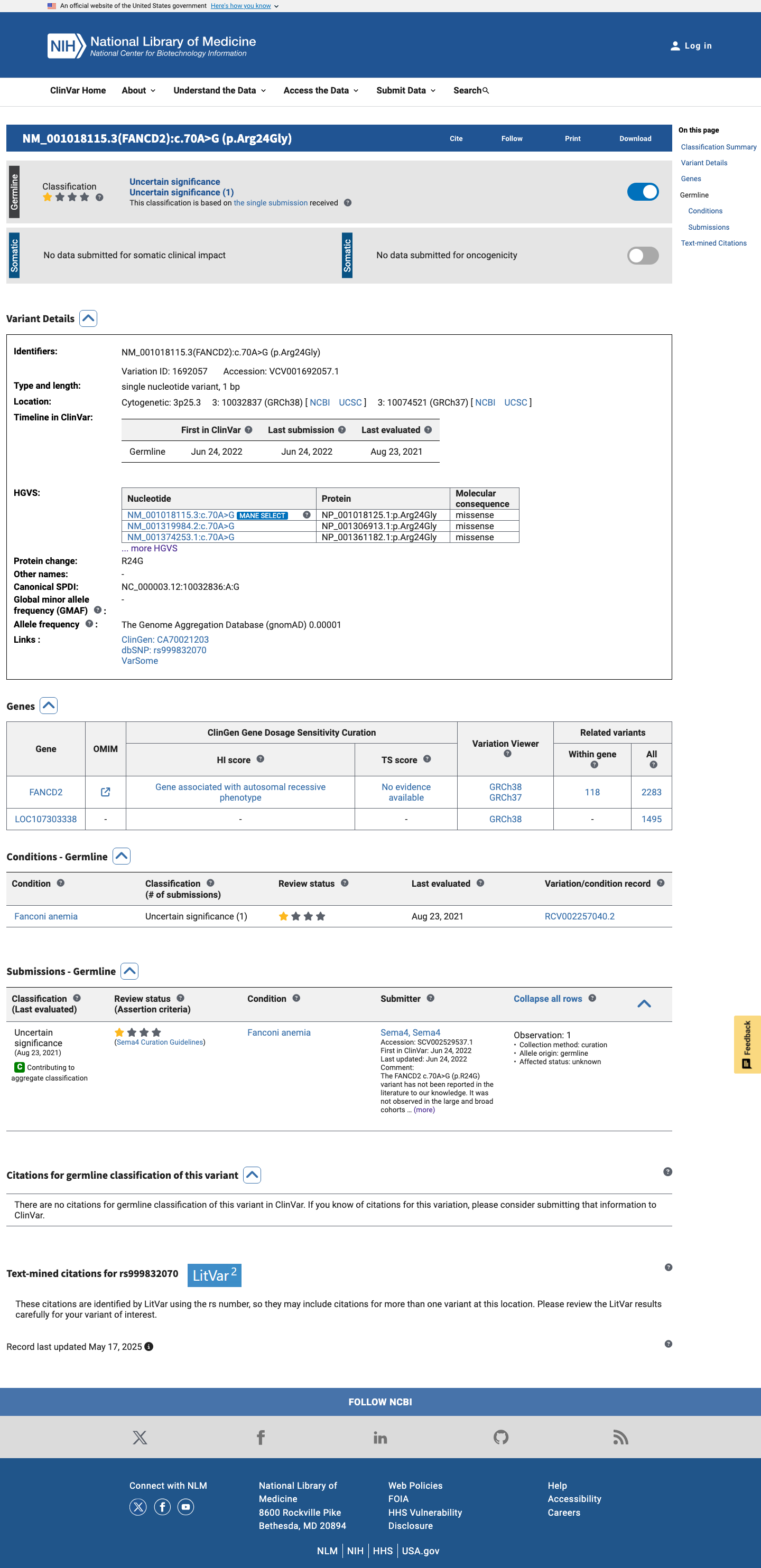 ClinVar screenshot