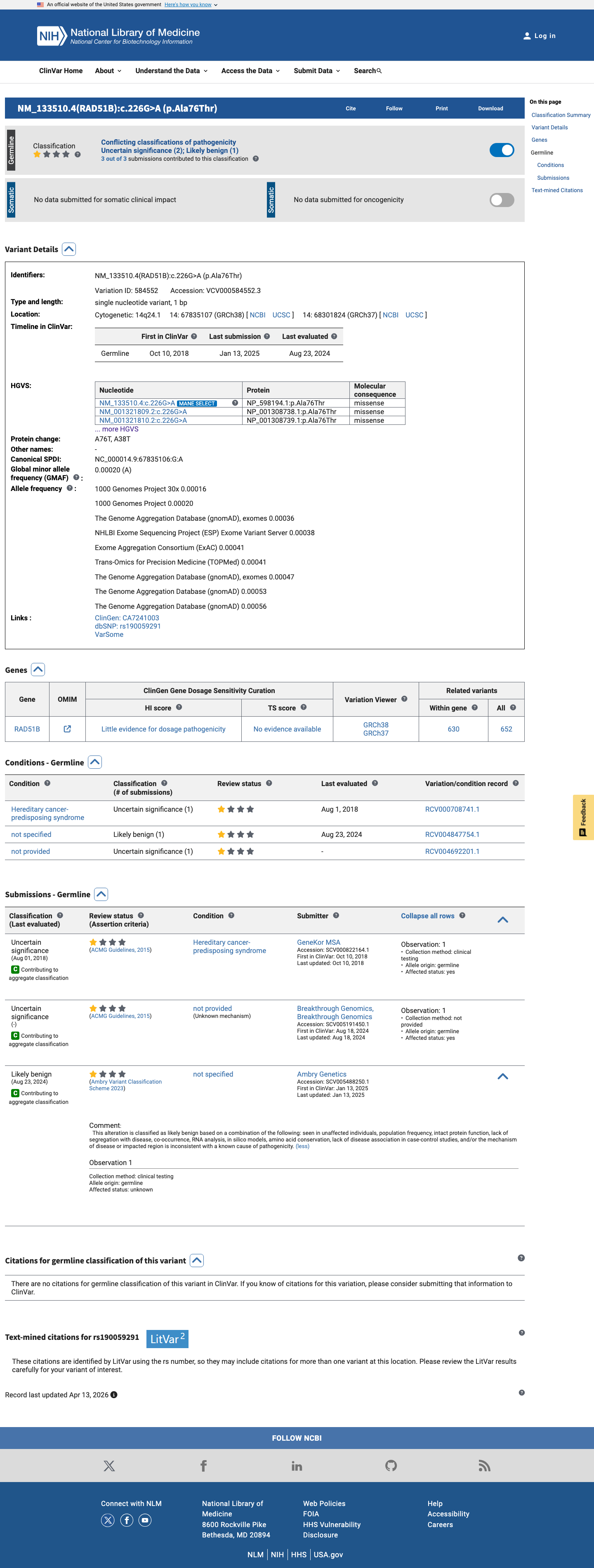 ClinVar screenshot
