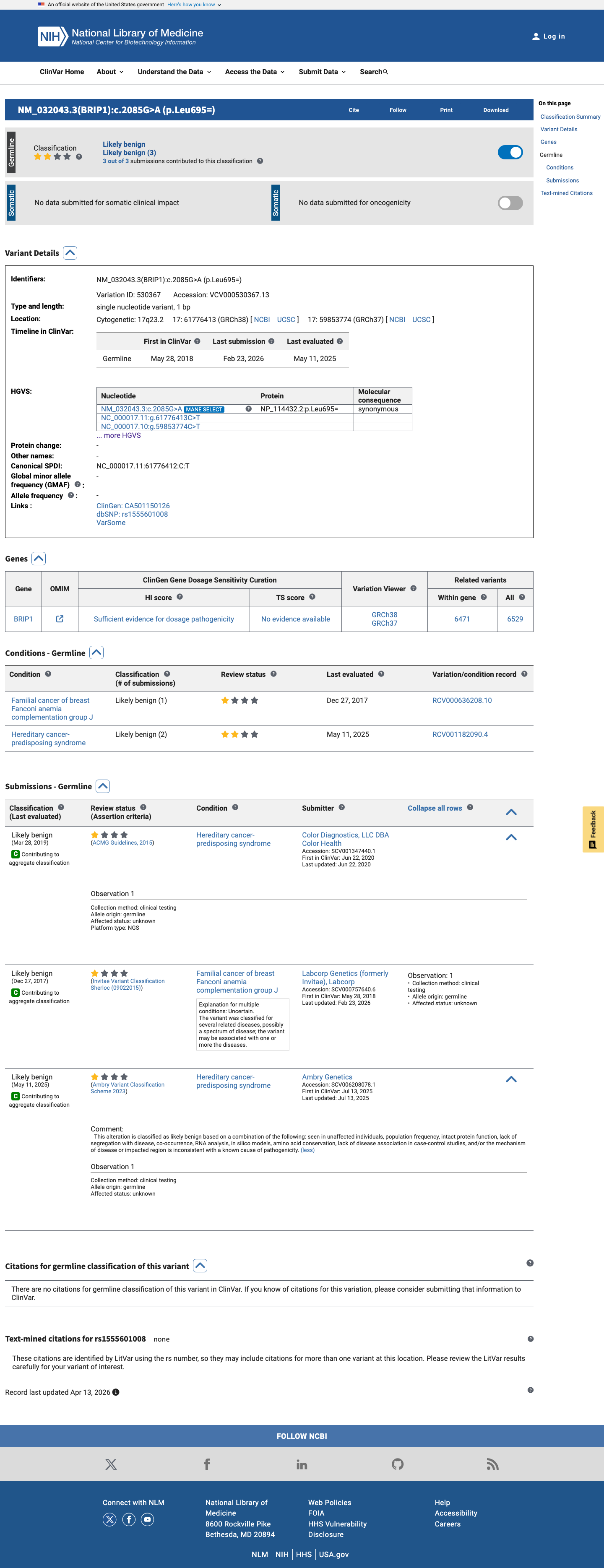 ClinVar screenshot