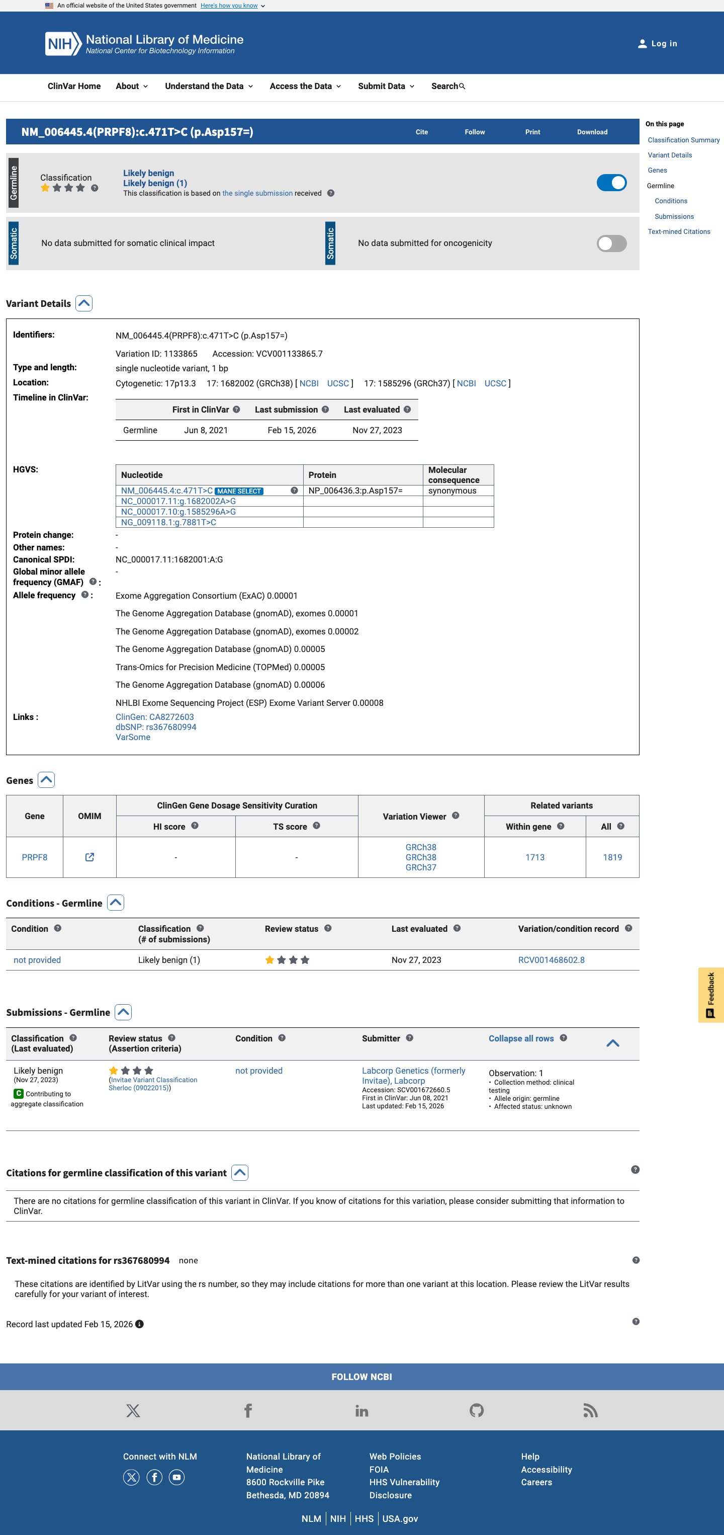 ClinVar screenshot