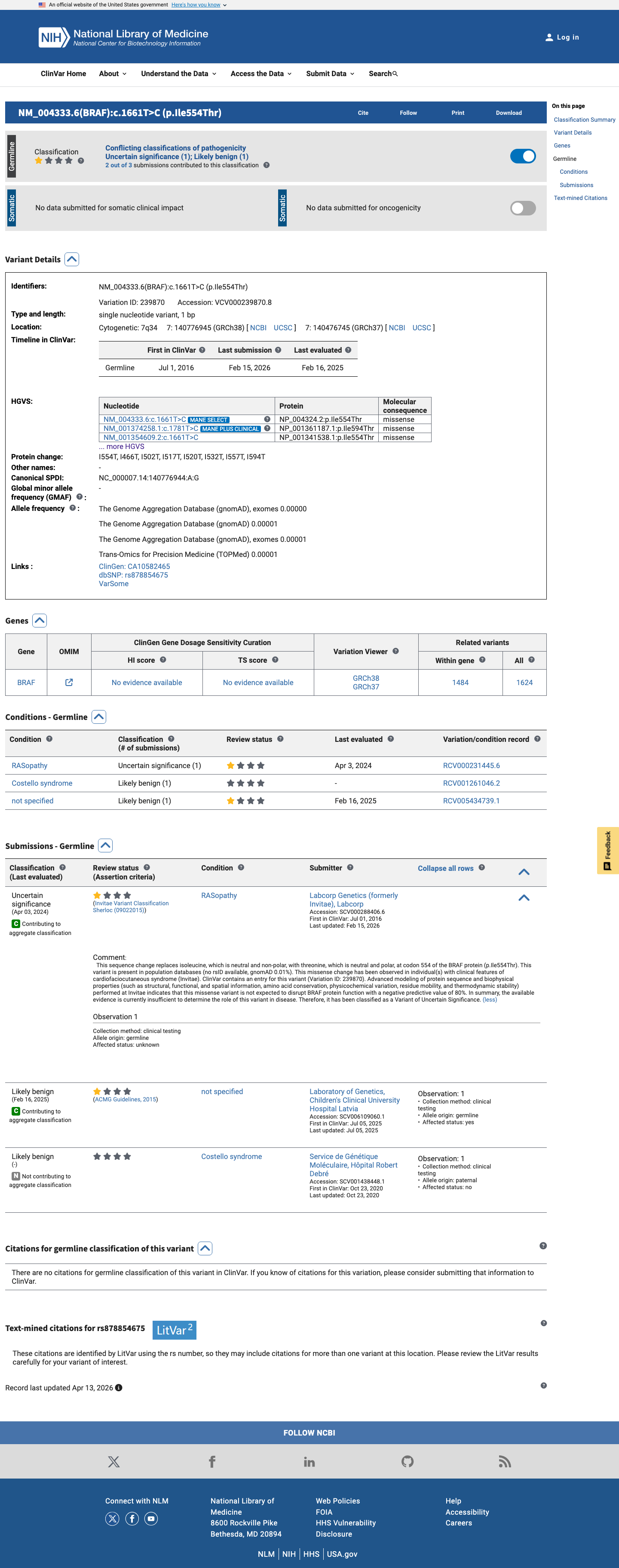 ClinVar screenshot