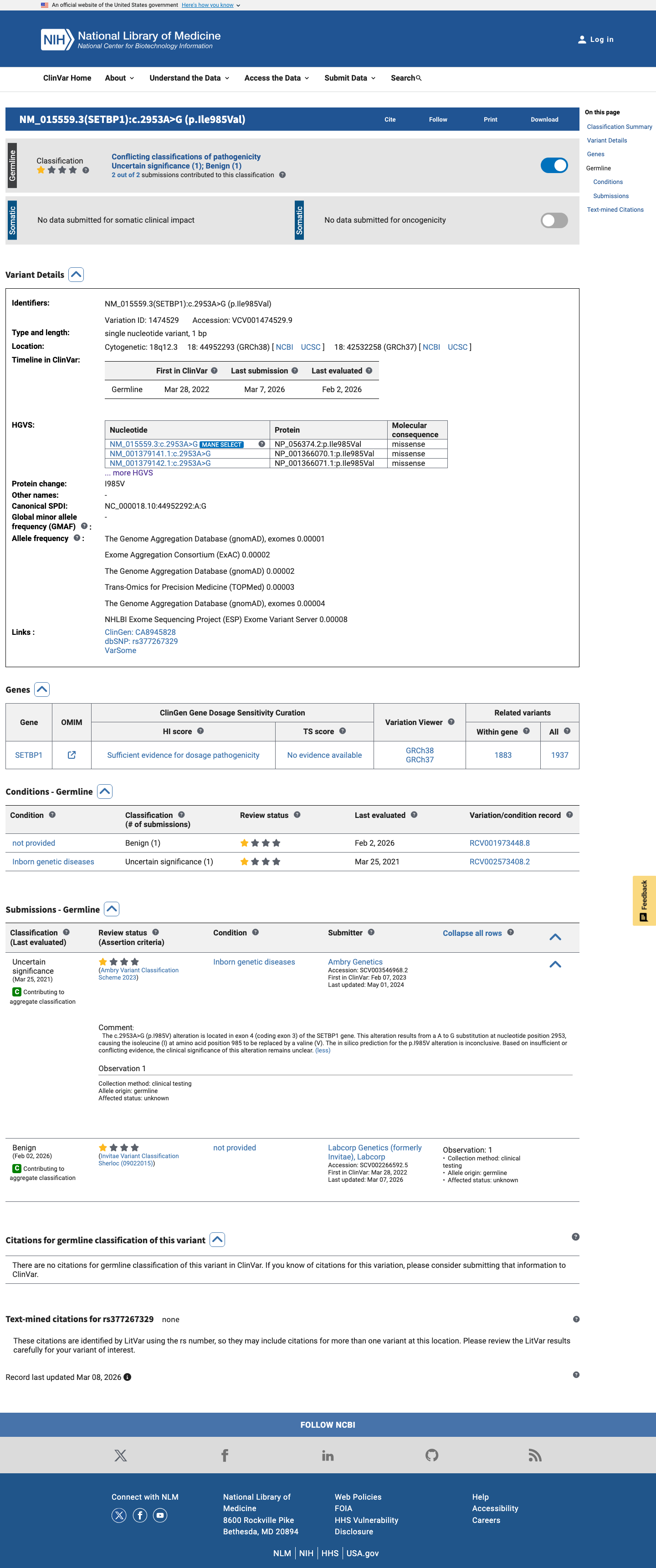 ClinVar screenshot