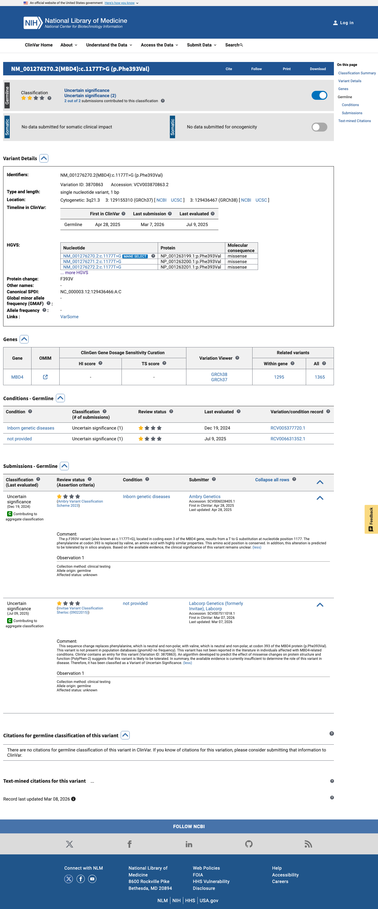 ClinVar screenshot