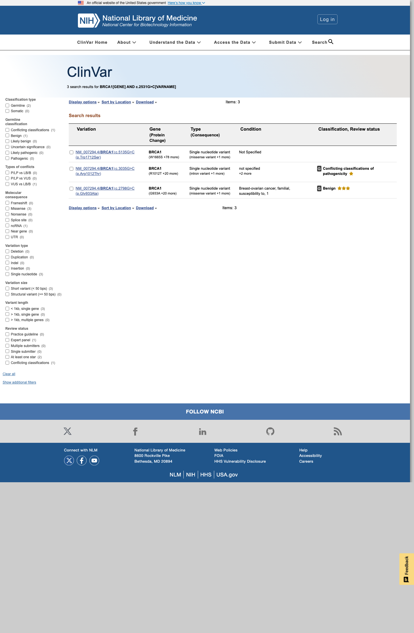 ClinVar screenshot