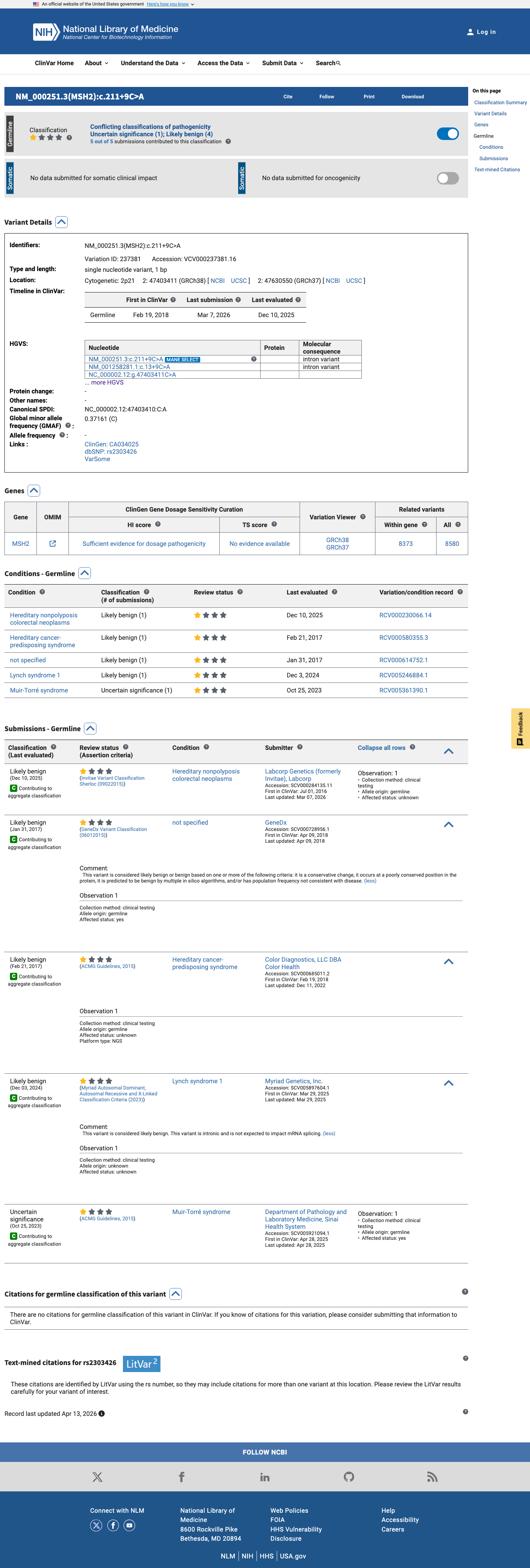 ClinVar screenshot