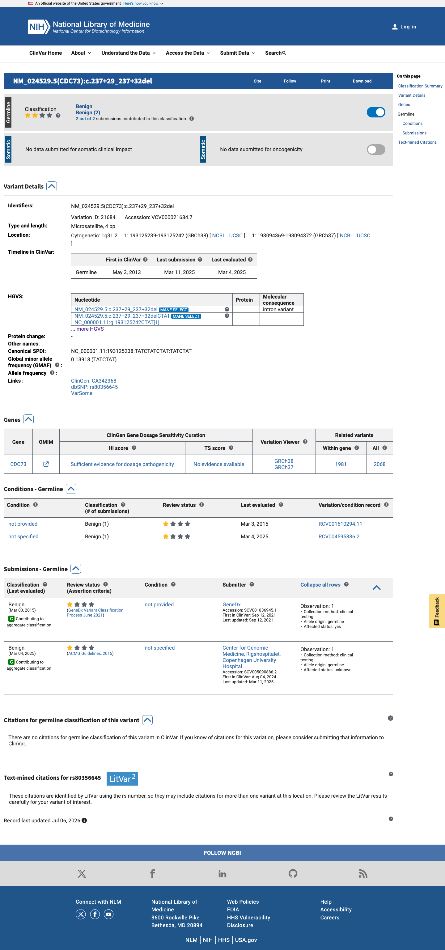 ClinVar screenshot
