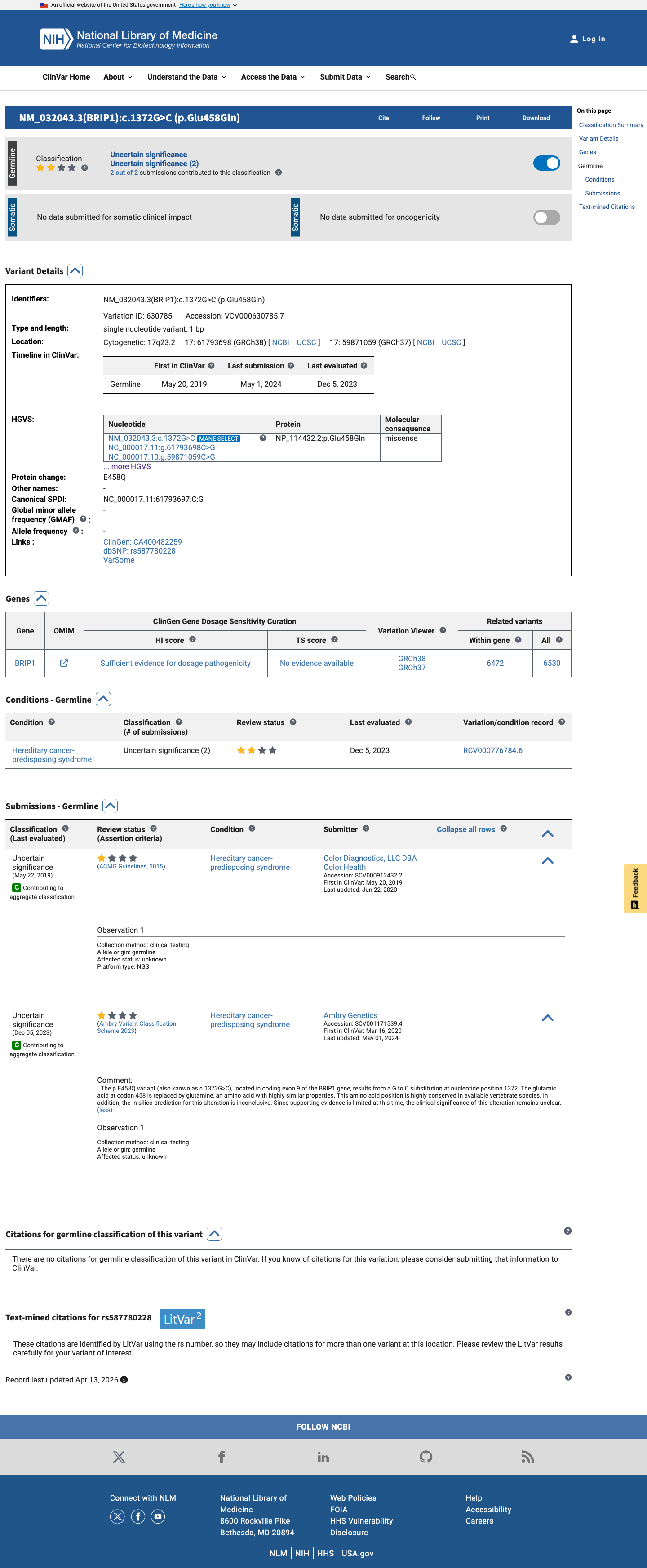 ClinVar screenshot