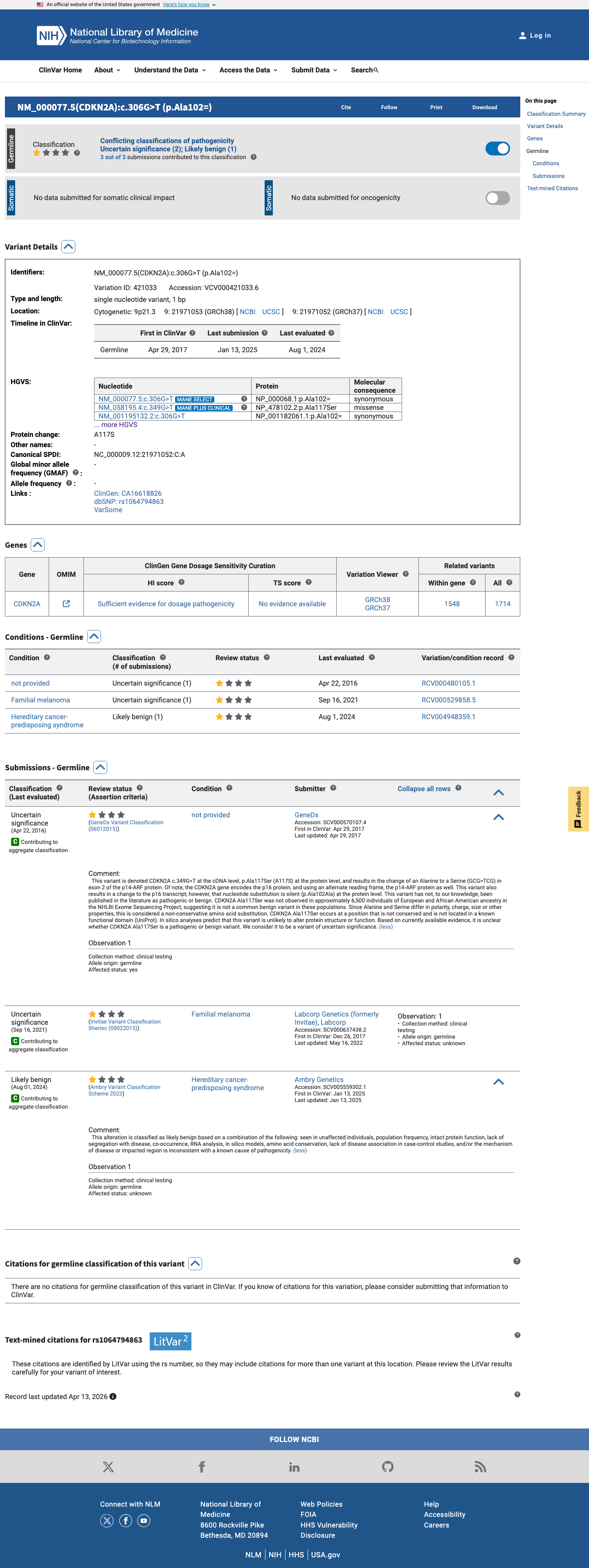 ClinVar screenshot