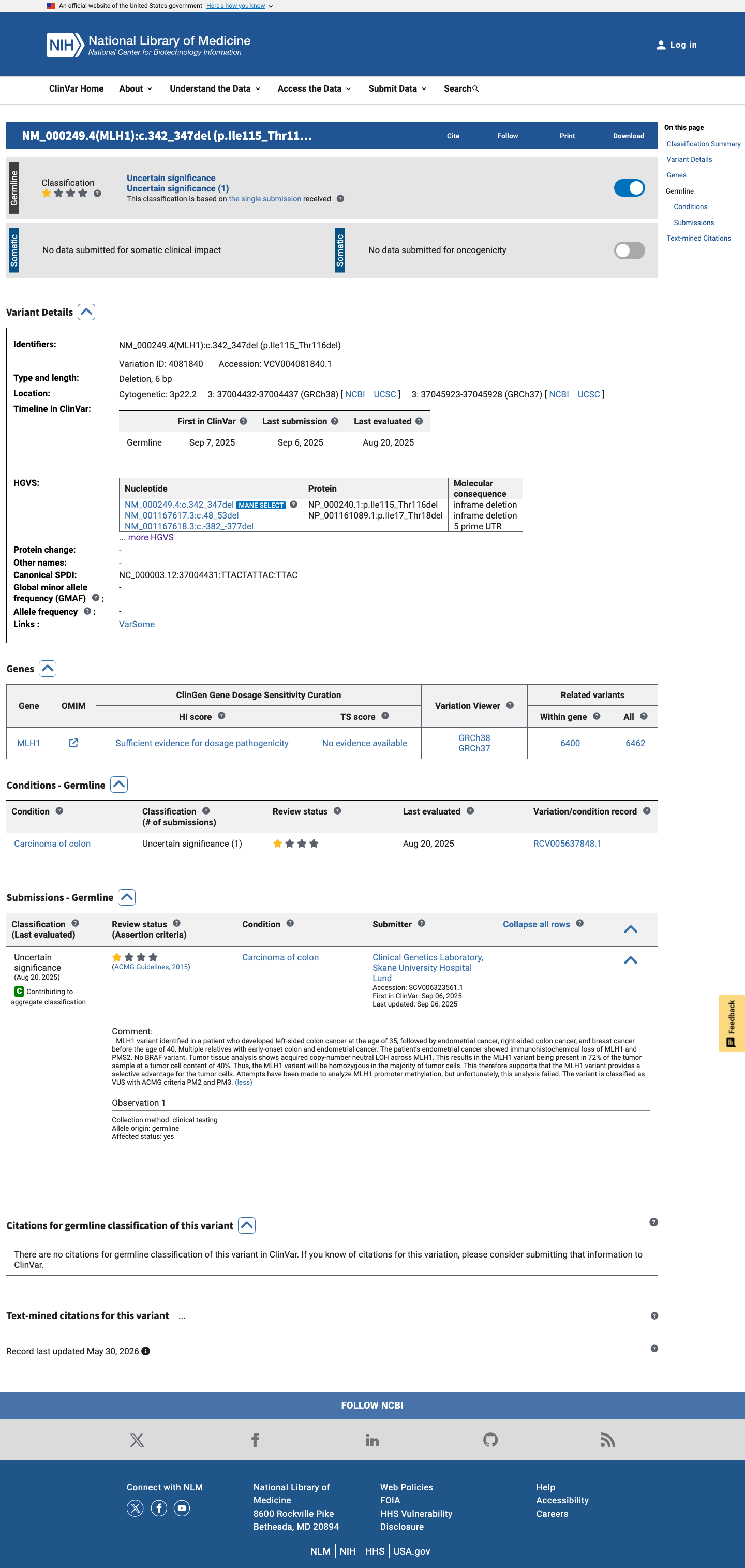 ClinVar screenshot