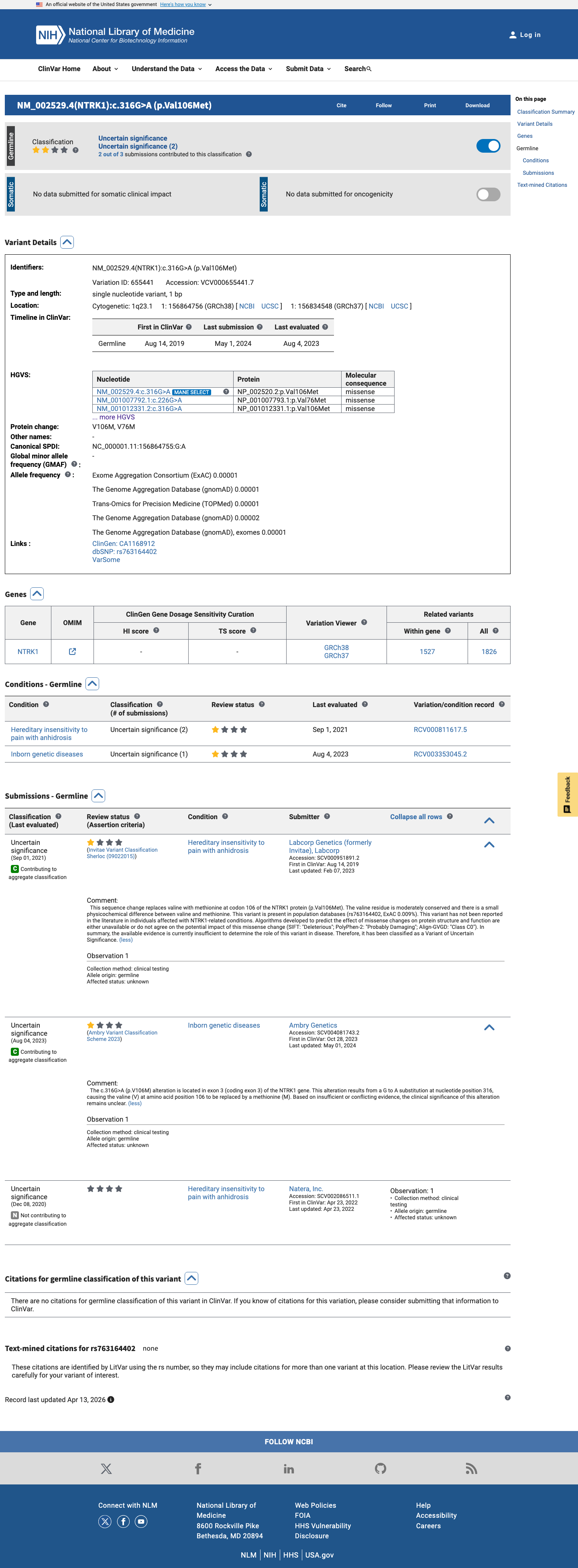 ClinVar screenshot