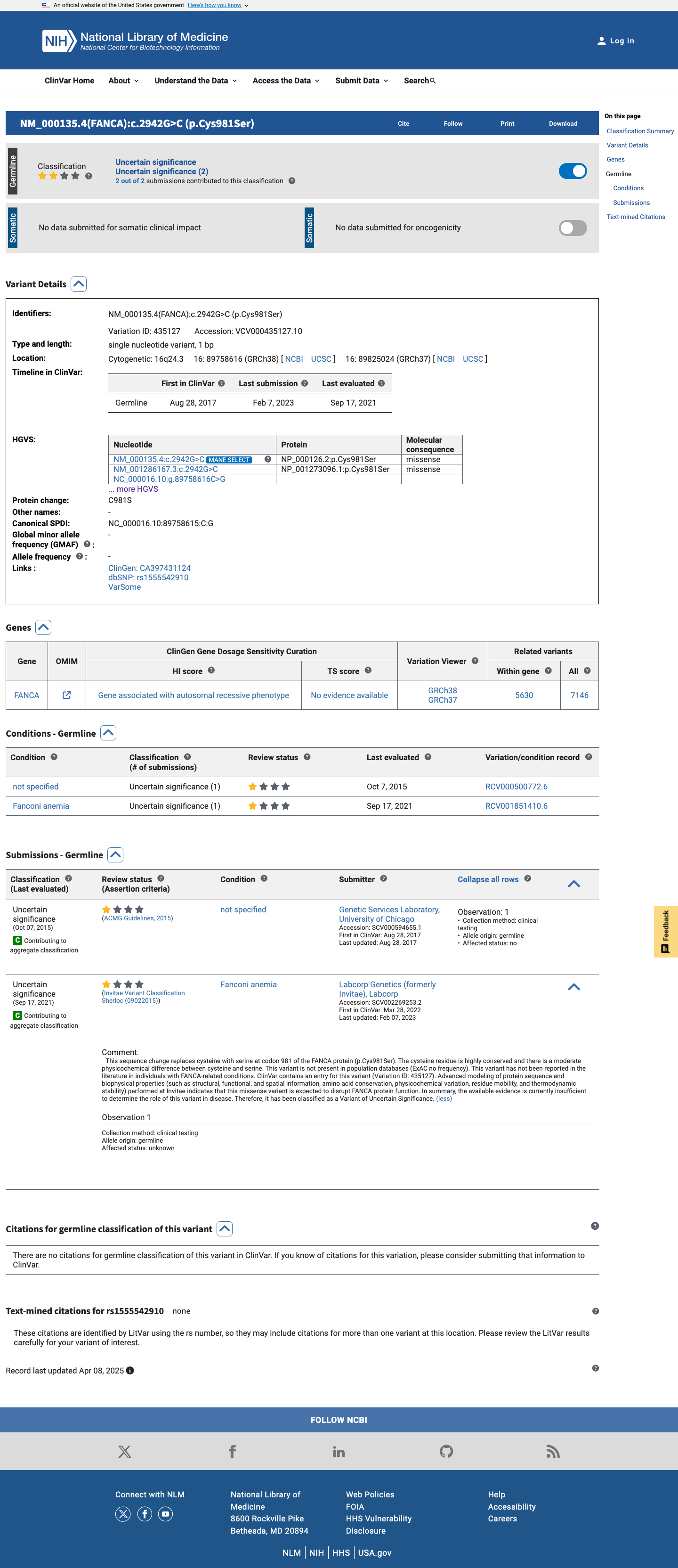 ClinVar screenshot