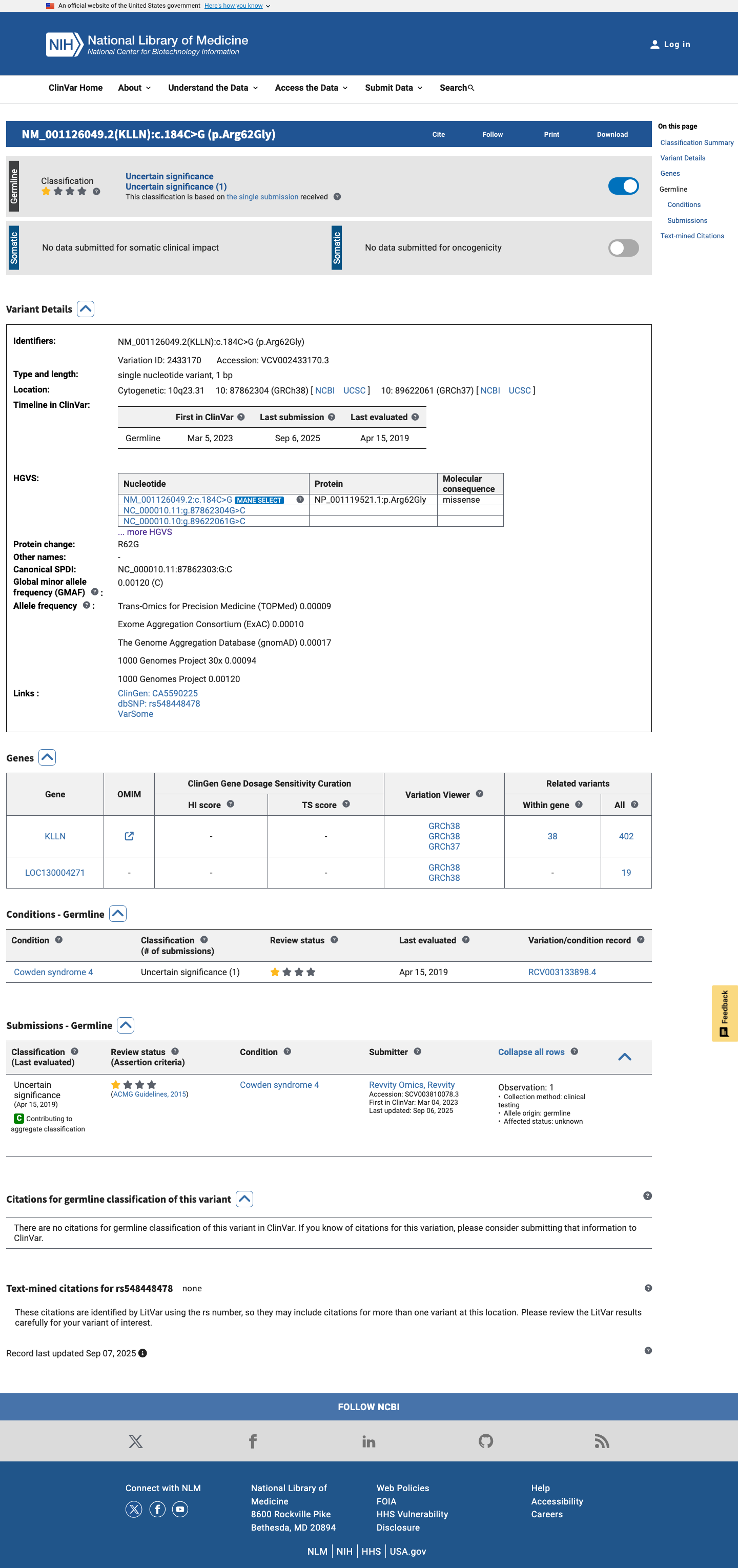 ClinVar screenshot
