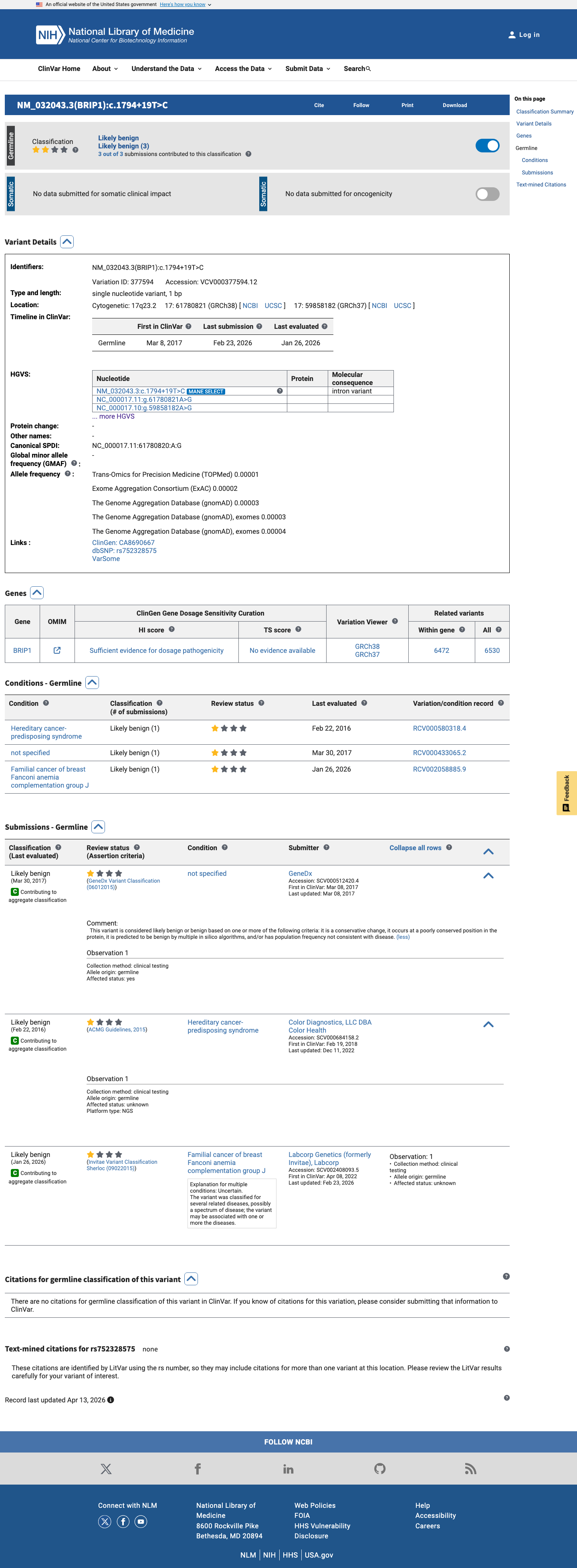 ClinVar screenshot