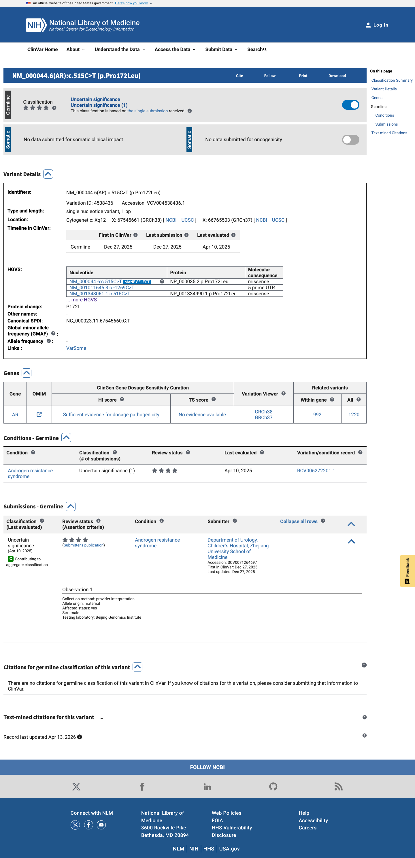 ClinVar screenshot