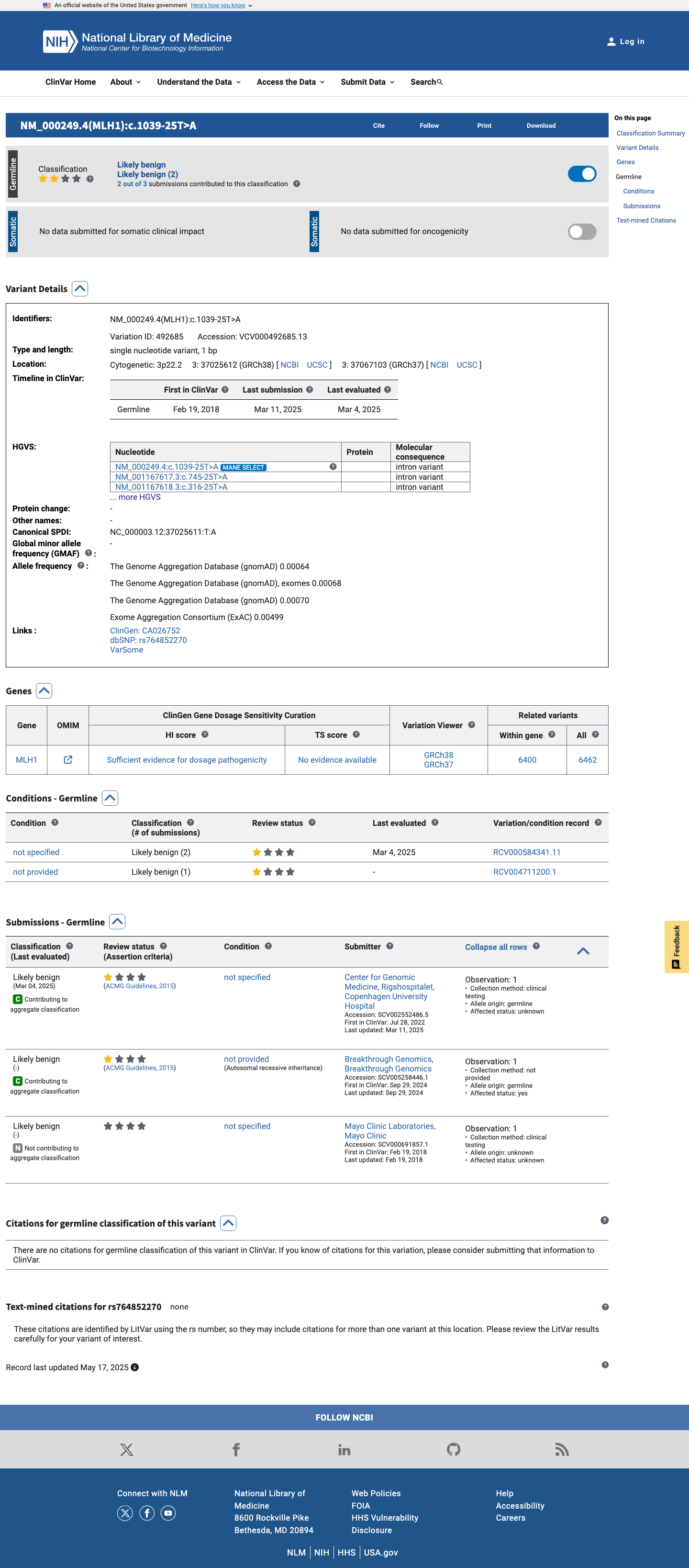 ClinVar screenshot