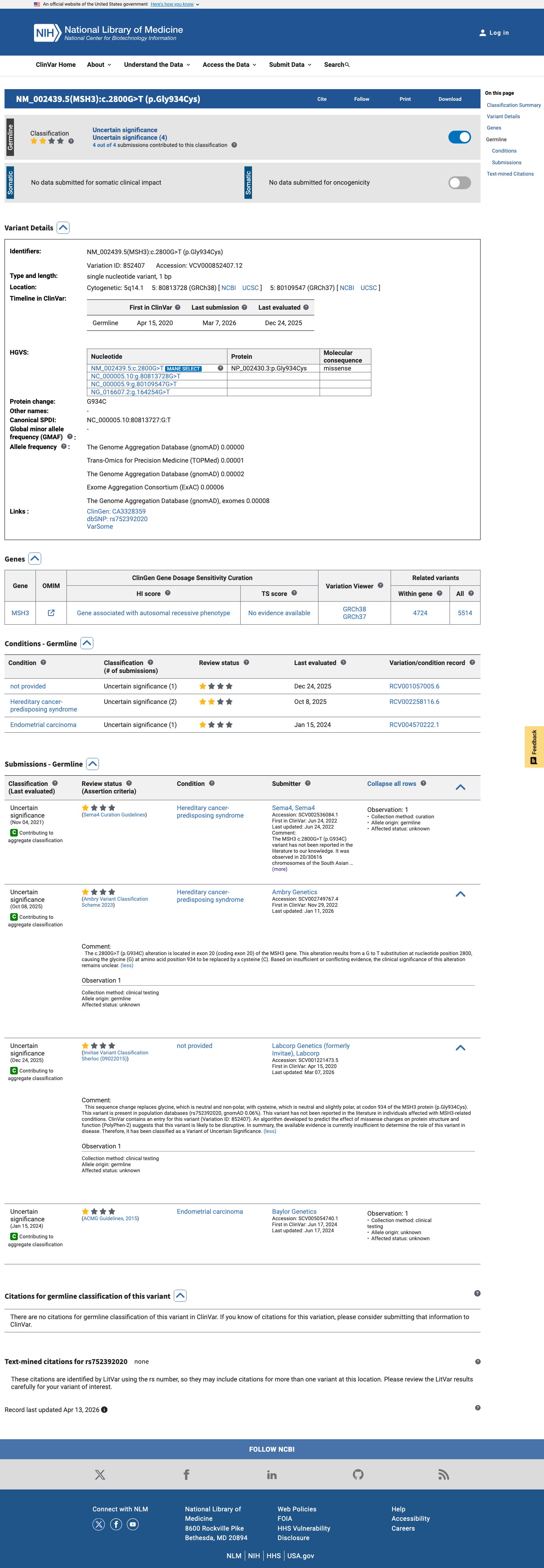 ClinVar screenshot