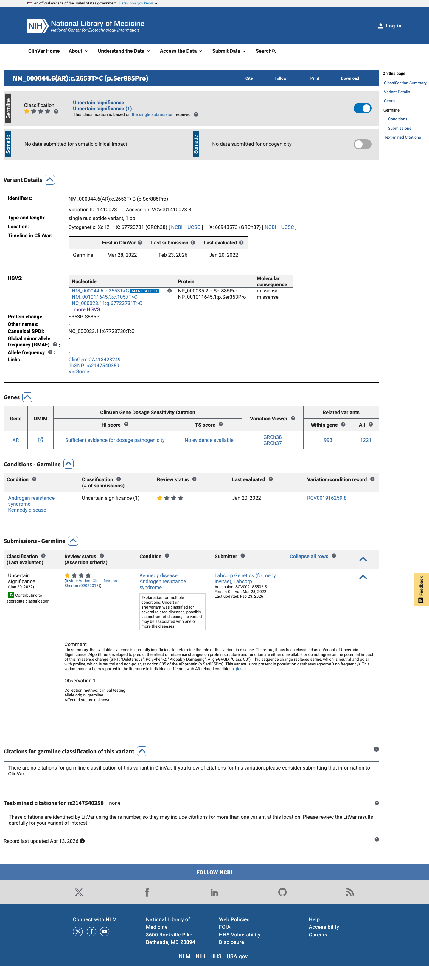 ClinVar screenshot